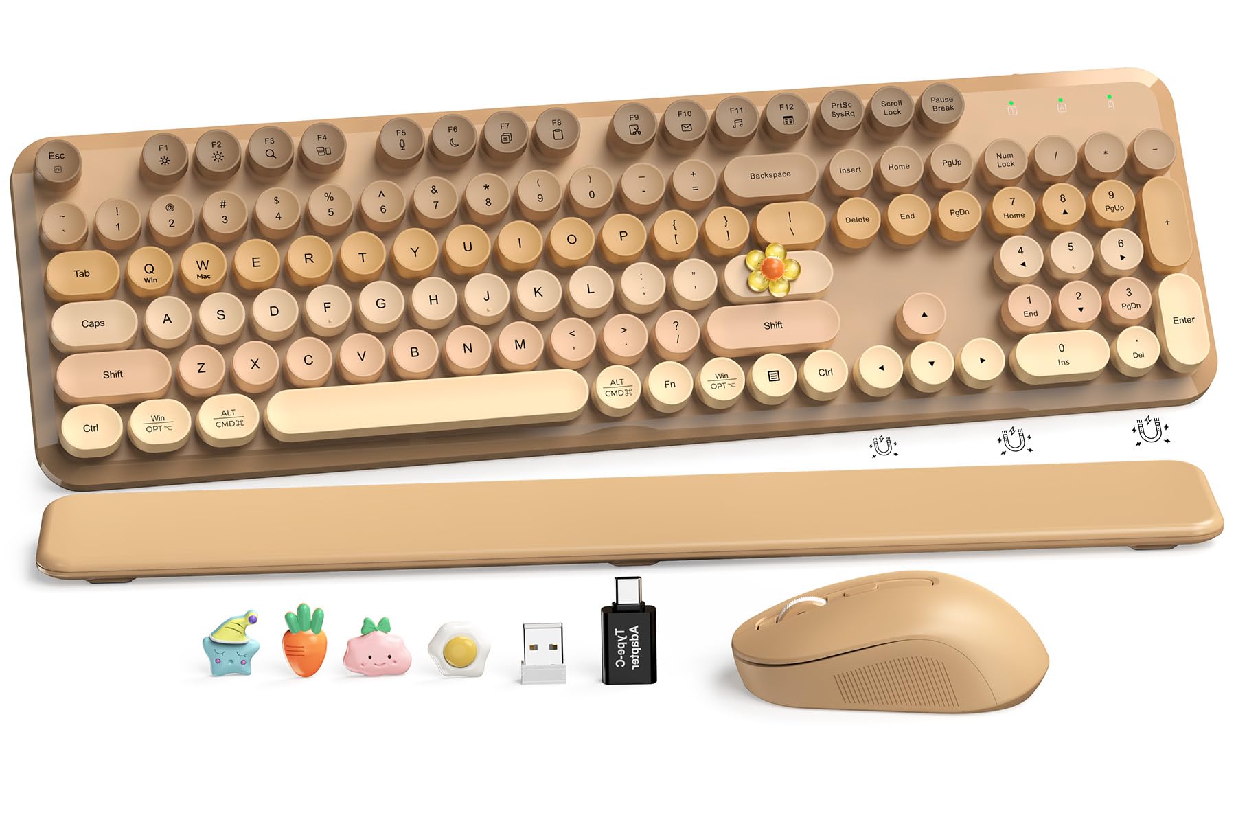 Wireless Keyboard and Mouse Combo, Cute Retro Typewriter Keyboard with Round Keycaps, Full-Size Aesthetic Keyboard with Magnetic