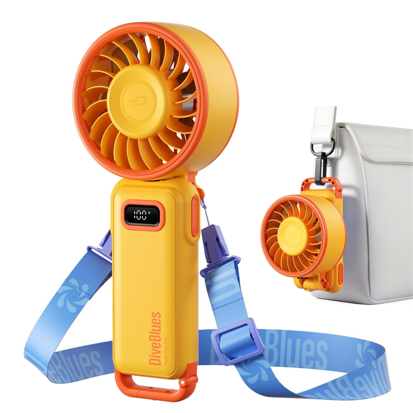 Diveblues Portable Handheld Fan, 7.4m/s High Speed Turbo Fan, 180 Foldable 4-in-1 Personal Neck Fan Integrated Carabiner Clip, 1