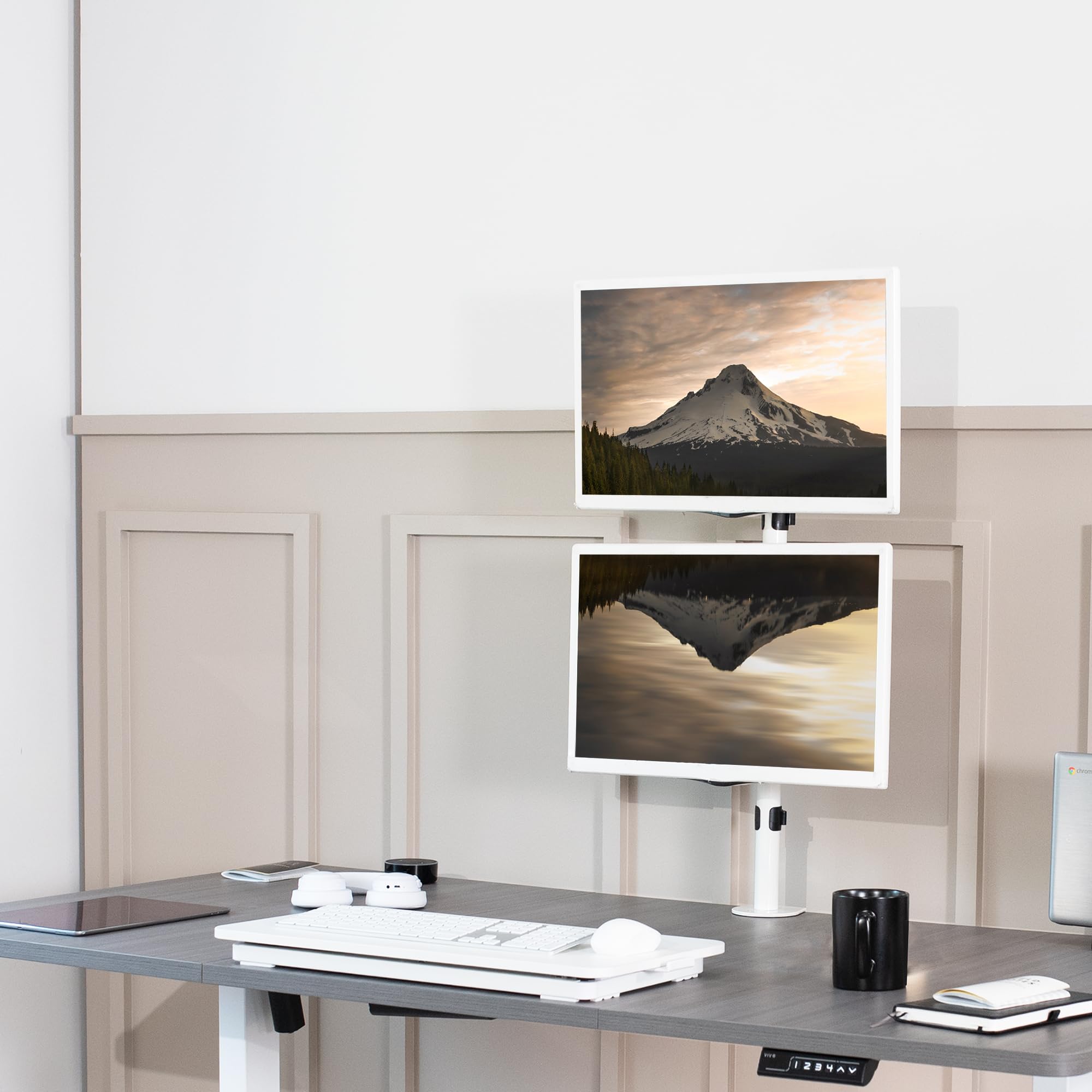 VIVO Dual Vertically Stacked LCD Monitor Desk Mount, Extra Tall Heavy Duty Adjustable Stand for 2 Ultrawide Screens up to 34 inches, 22 lbs Capacity, White, STAND V002TW
