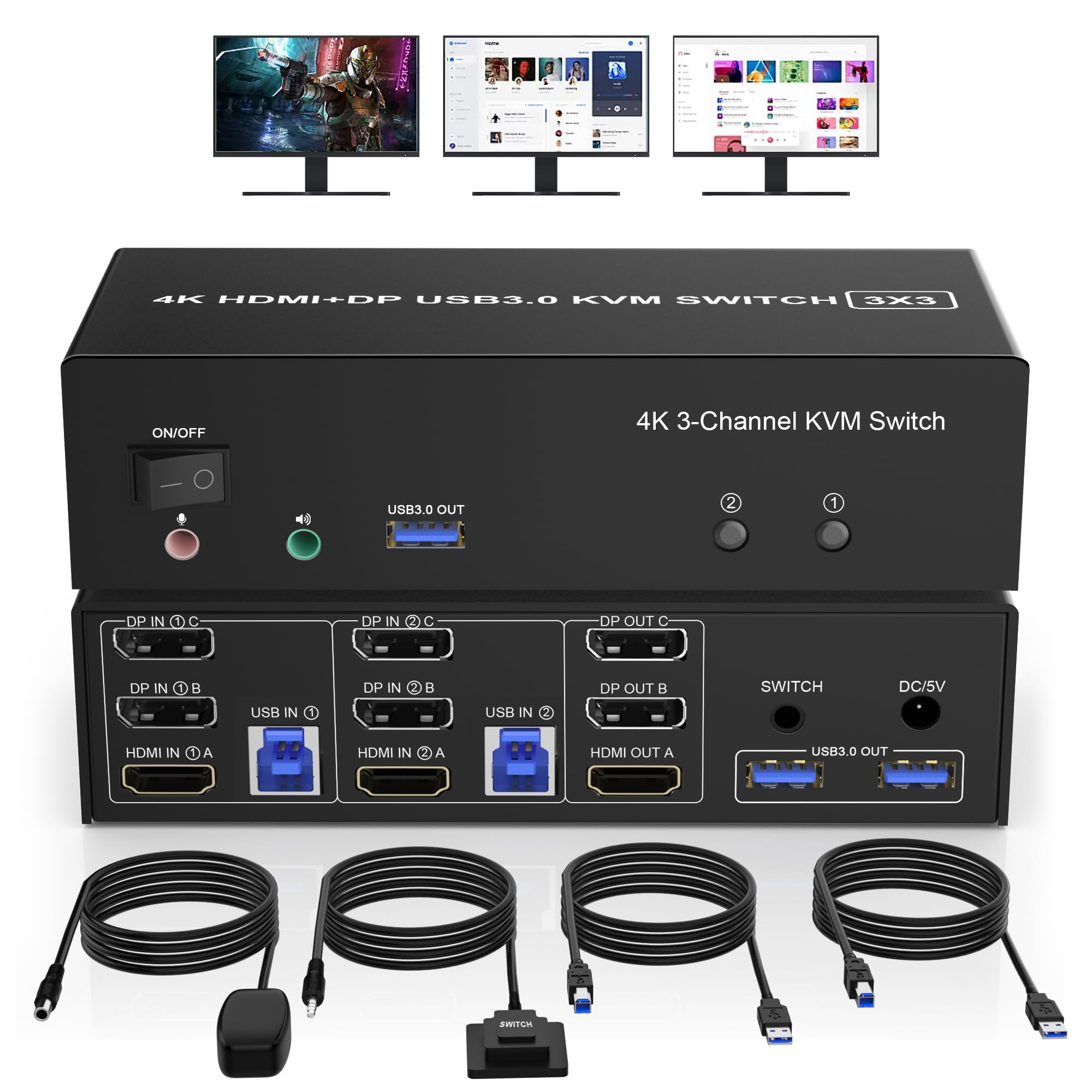 Hdmi + 2 Displayport 3 Monitor Kvm Switch Usb 3.0 For 2 Computers, 4K@60Hz Triple Monitor Kvm Switch With Audio And 3 Usb 3.0 Po