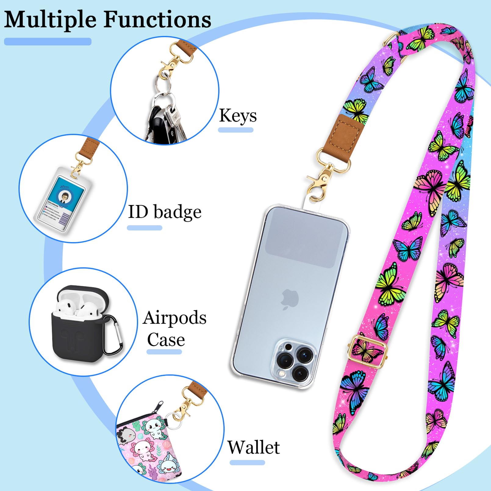 Cell Phone Lanyard Crossbody With Wrist Strap, Cute Butterfly Phone Lanyards For Around The Neck Wristlet Adjustable Phone Strap