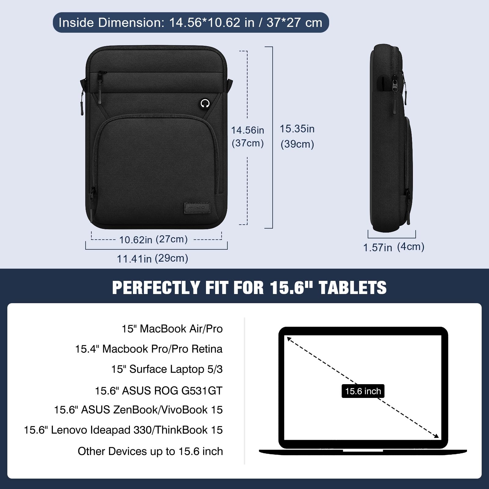 MoKo 15.6 Inch Laptop Sleeve Bag, Fits 15.3' MacBook Air M2/M3, 15.4' MacBook Pro/Pro Retina, 15' Surface Laptop 5/3, 15.6' ASUS ROG G531GT,Multifunctional Bag with Shoulder and Headphone Port,Black
