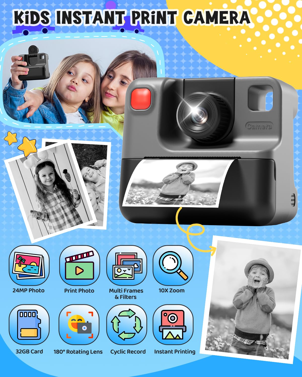 Letshaha Kids Camera Instant Print, Christmas Birthday Gifts For Toddle Girls Boys Age 3 12, 24Mp & 1080P Selfie Digital Camera