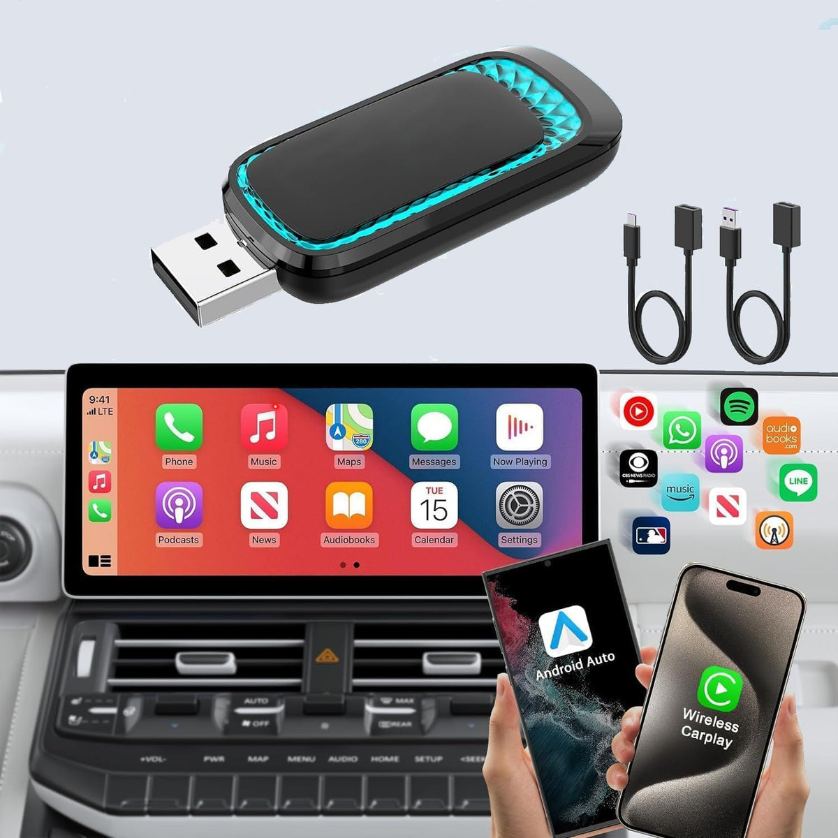 Android Auto Wireless Adapter And Wireless Carplay Adapter 2024 Upgrade,Plug & Play Apple Carplay Dongle Converts Factory Wired To Wireless Carplay Adapter For Iphone With Usb A To Usb C/Usb A Cable