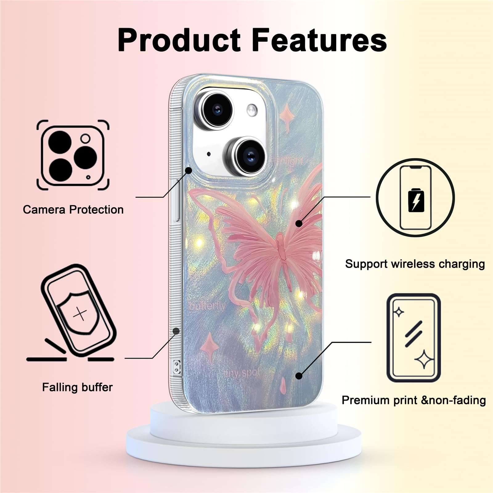 I Mgae In Ar Compact Case For Iphone 15 Plus Pale Pink Butterfly Design,Cute Trendy Soft Slim Tpu Shockproof Protective Phone Ca