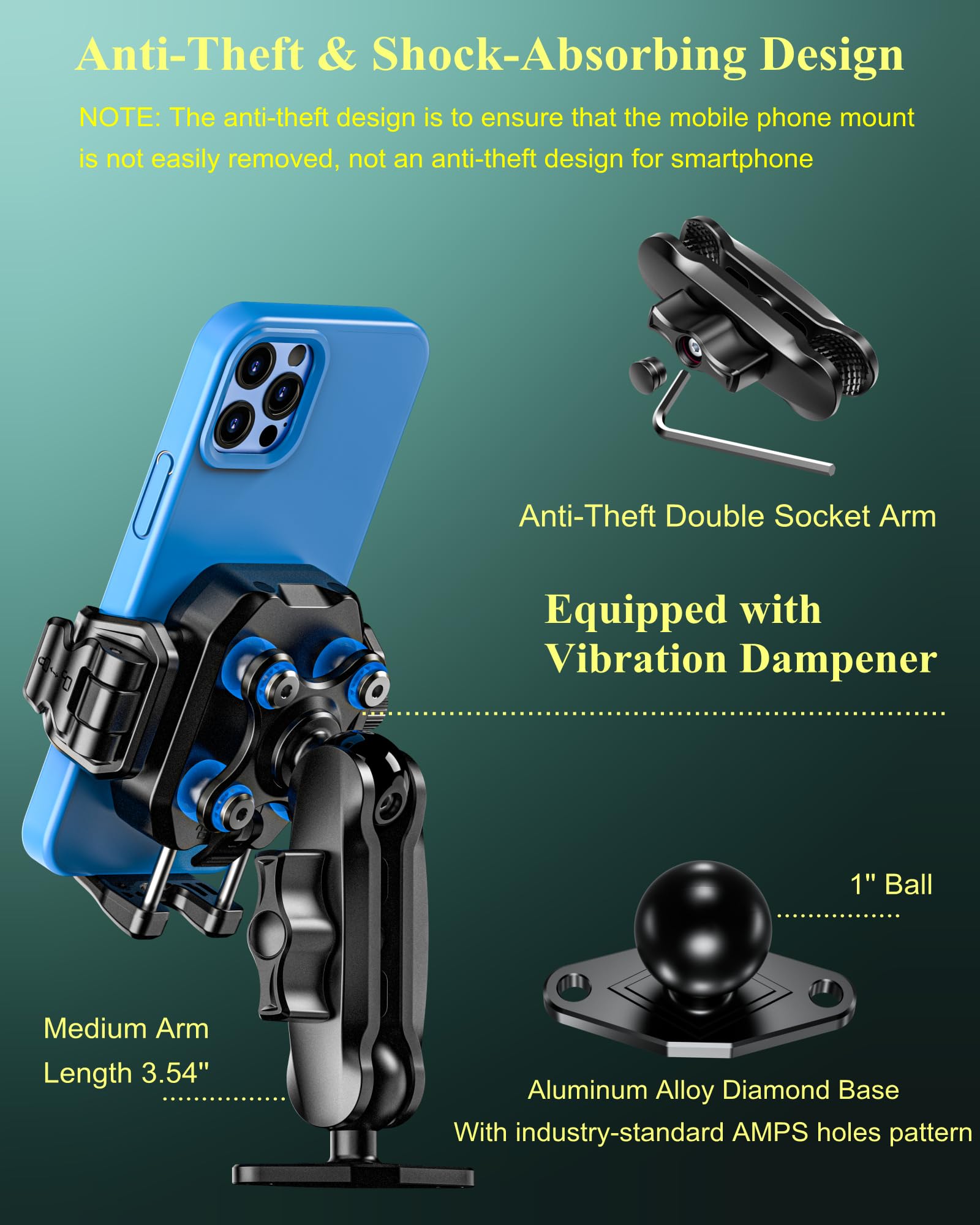 Brcovan Anti-Theft Phone Mount Holder With Vibration Dampener [Camera Friendly] [1S Lock & Release], With Aluminum Diamond Base