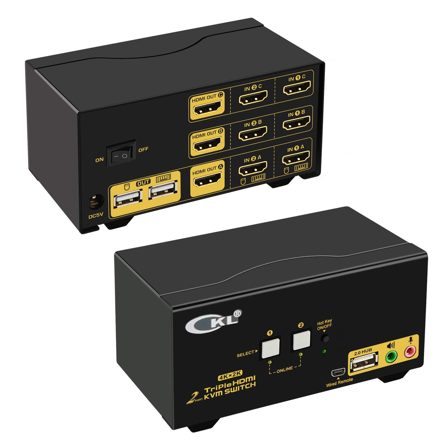 Ckl Triple Monitor Hdmi Kvm Switch 2 Port With Audio And Usb 2.0 Hub, Pc Monitor Keyboard Mouse Switcher Box Mirrored Or Extende