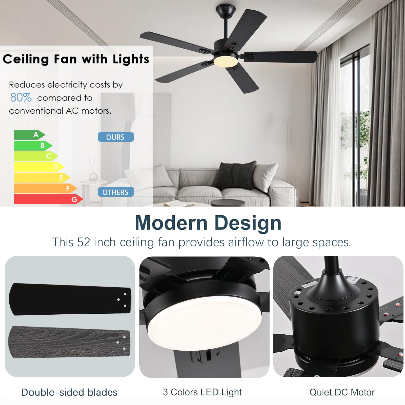 52 Inch Modern Ceiling Fans With Lights App/Remote Control, Low Profile Reversible 6 Speeds Ceiling Fan Light For Indoor/Outdoor