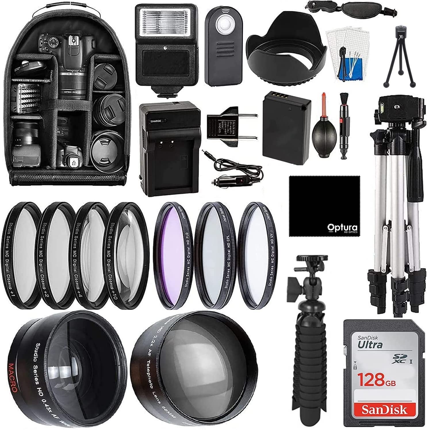 Giant All You Need HD 58mm Accessory Bundle for Canon EOS Rebel T7, T6, T5, T3, T100, 4000D, 2000D, 3000D and More with 128GB Sa