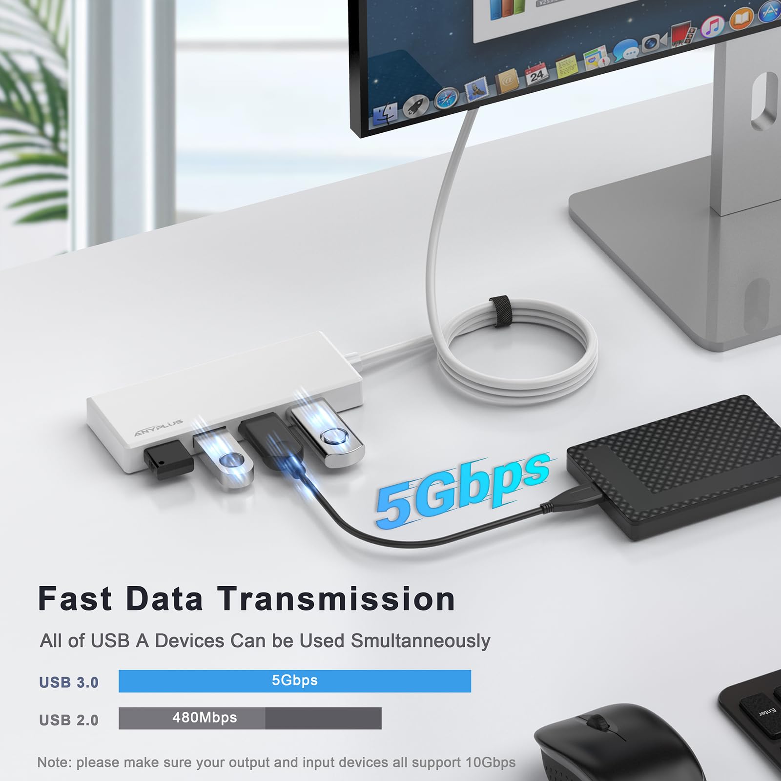Anyplus Usb Hub, Multiport Usb Splitter Adapter, 2 Ft Long Cable Usb 3.0 Hub, Usb Extender For Laptop, Pc, Imac, Surface Pro, Ma