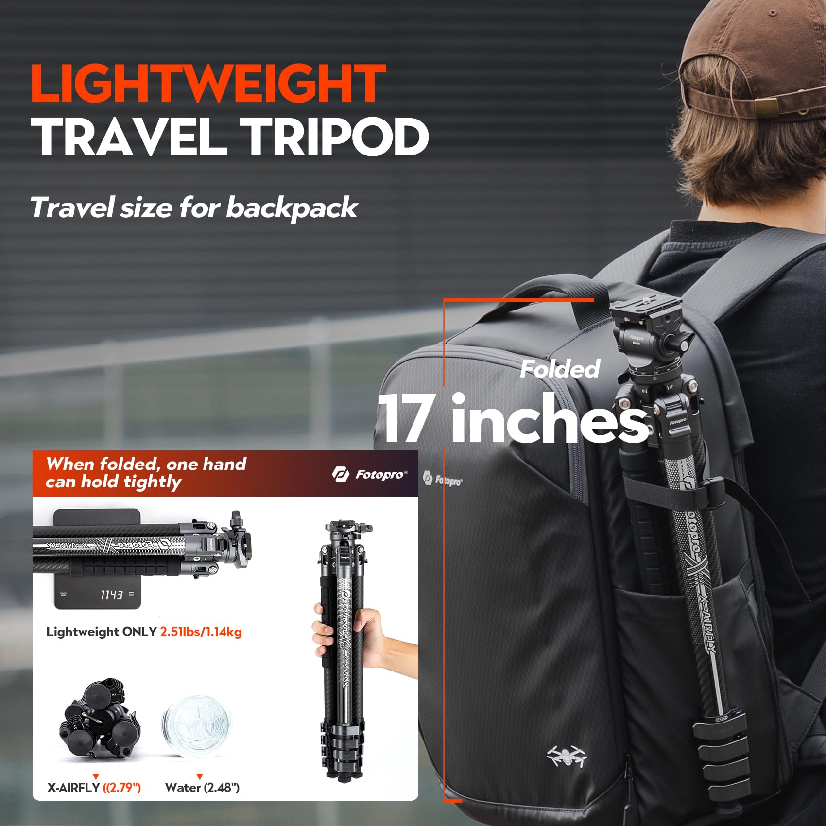 Fotopro X Airfly 63 Inch Carbon Fiber Tripod With Panoramic Ball Head Flip Lock 2.51Lb Lightweight Expandable Compact Portable P