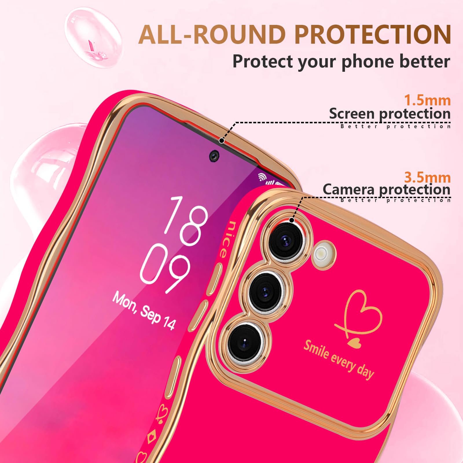 Lchulle For Samsung Galaxy S22 Plus Case For Women Girls, Cute Wave Frame Curly Shape With Love Heart Camera Protection Cover Lu