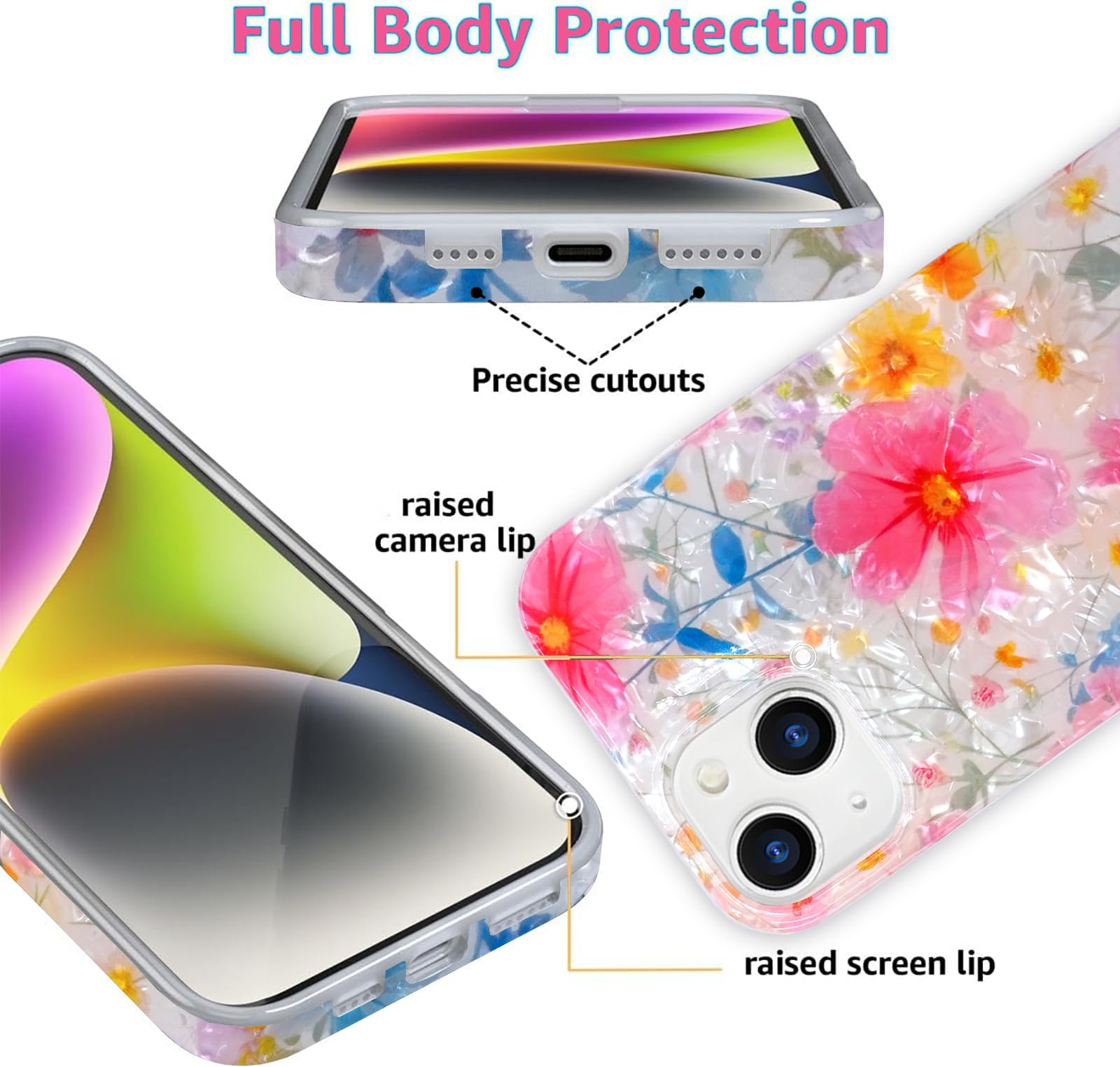 J.West Compatible For Iphone 13 Case For Women, Cute Sparkle Floral Print Girly Design Kawaii Pink Flowers Pattern For Girls Tee