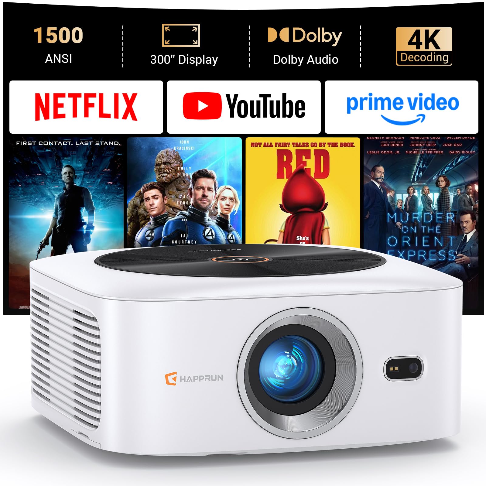 Smart 4K Decoding Projector Compatible with Netflix, 1500 ANSI Projector with WiFi and Bluetooth, Outdoor Movie Projector, Auto 