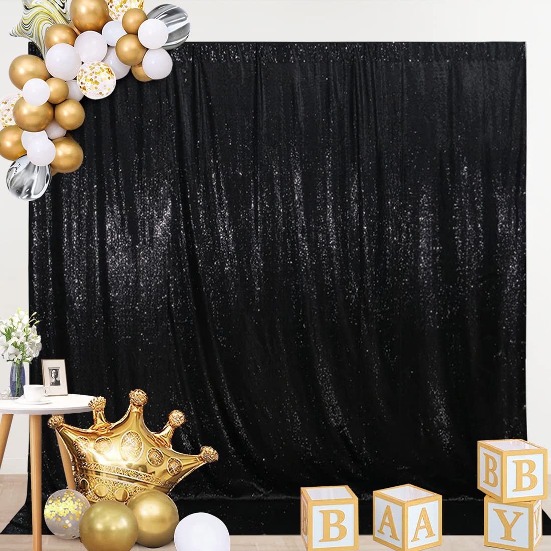 Squarepie Sequin Backdrop Not See Through Thick Background Glitter Curtain For Party 6Ft X 6Ft Black