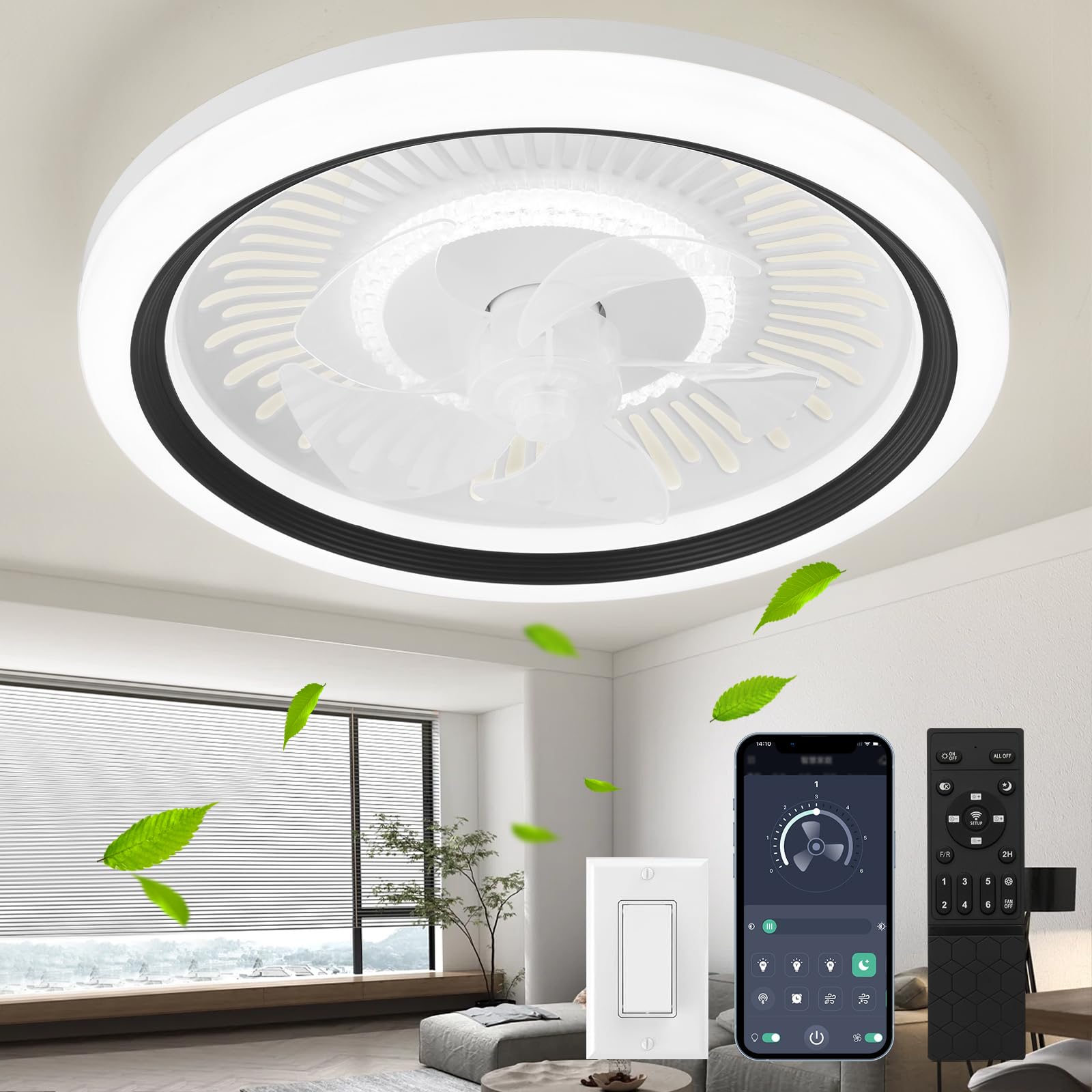 Spnoid Ceiling Fan with Lights and Remote,20 Low Profile Ceiling Fans with Lights, Fandelier Ceiling Fan Light,DC Quiet Motor,