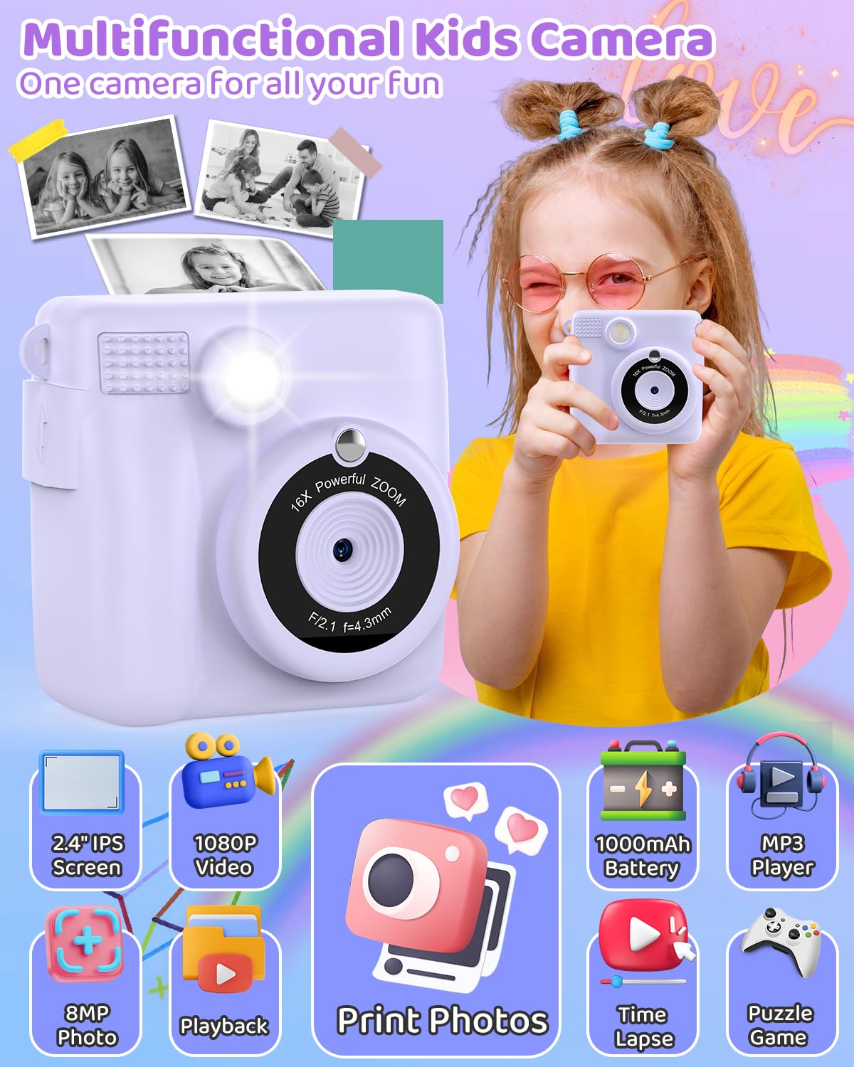 Instant Print Camera For Kids With 3 Rolls Of Printer Paper, 1080P Toddler Digital Camera Toys For Age 3 12 With 32Gb Sd Card, Christmas & Birthday Gifts For 3 4 5 6 7 8 Year Old Girls & Boys (Purple)