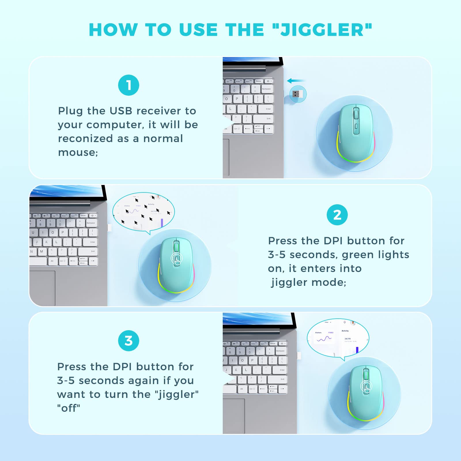 Peious Wireless Mouse, Mouse Jiggler   Led Wireless Mice With Build In Mouse Jiggler Mover, Rechargeable Moving Mouse For Comput