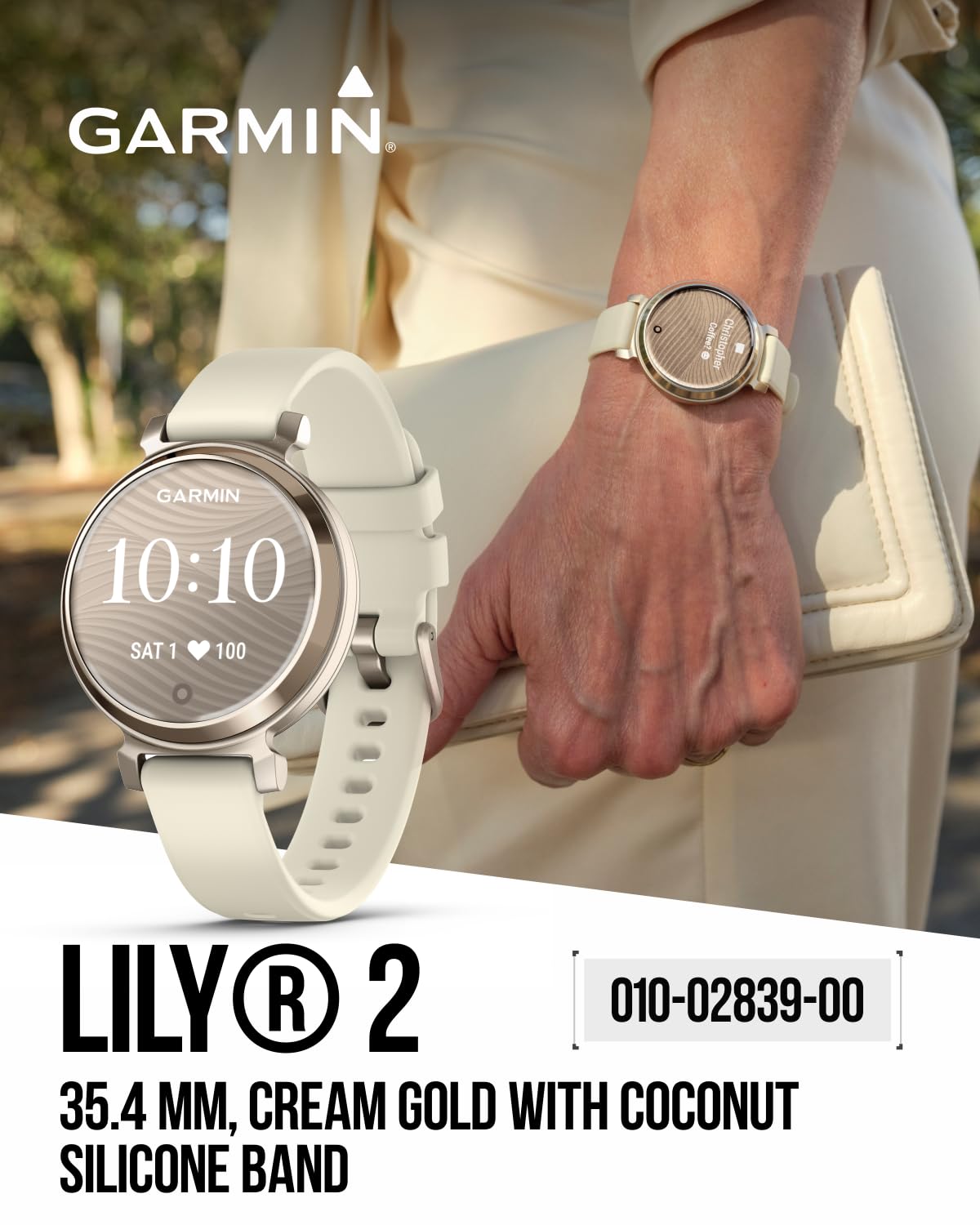 Wearable4U Garmin Lily 2   Cream Gold With Coconut Silicone Band: Women Small Fitness Smartwatch | Up To 5 Days Battery Life, He