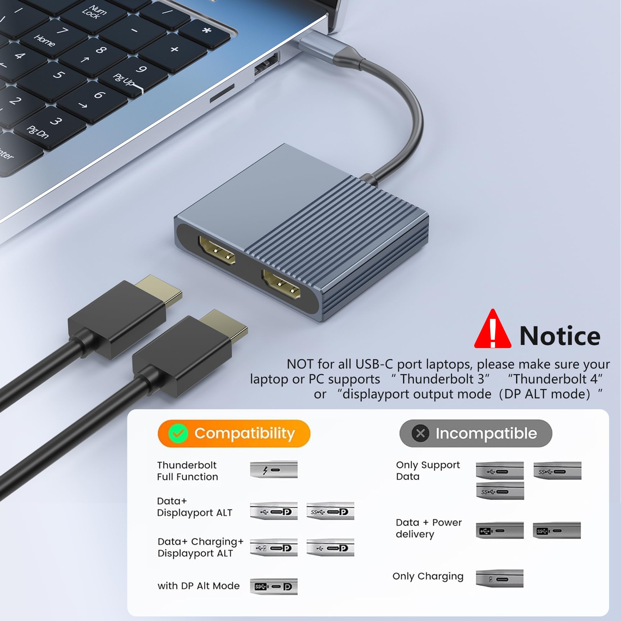 Usb C To Dual Hdmi Adapter For Dell/Hp/Macbook, Hdmi Splitter Extended Display, 4K Dual Hdmi Adapter For 2 Monitors, Dual Monito