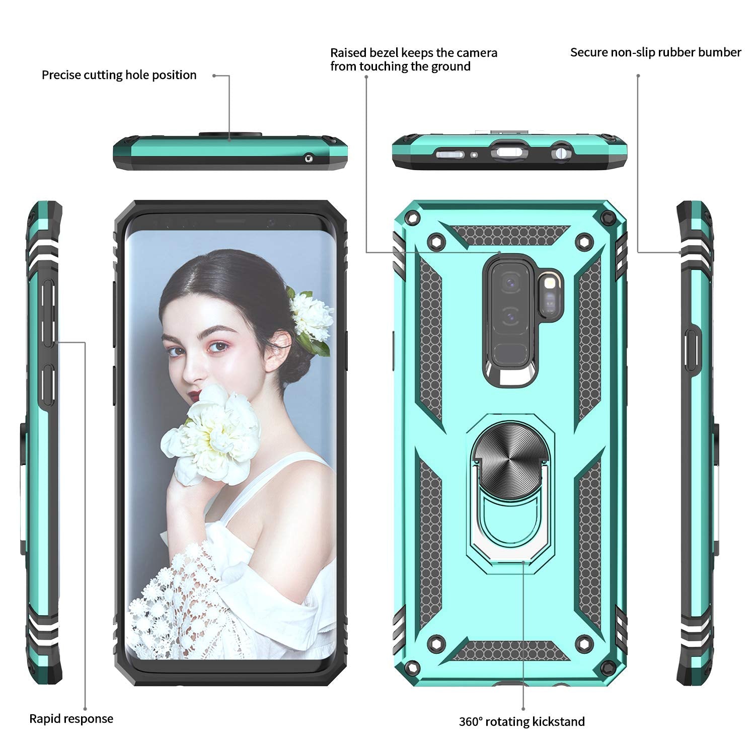LeYi Samsung Galaxy S9 Plus Phone Case with 2-Pack Screen Protector Ring Kickstand Metal Mint