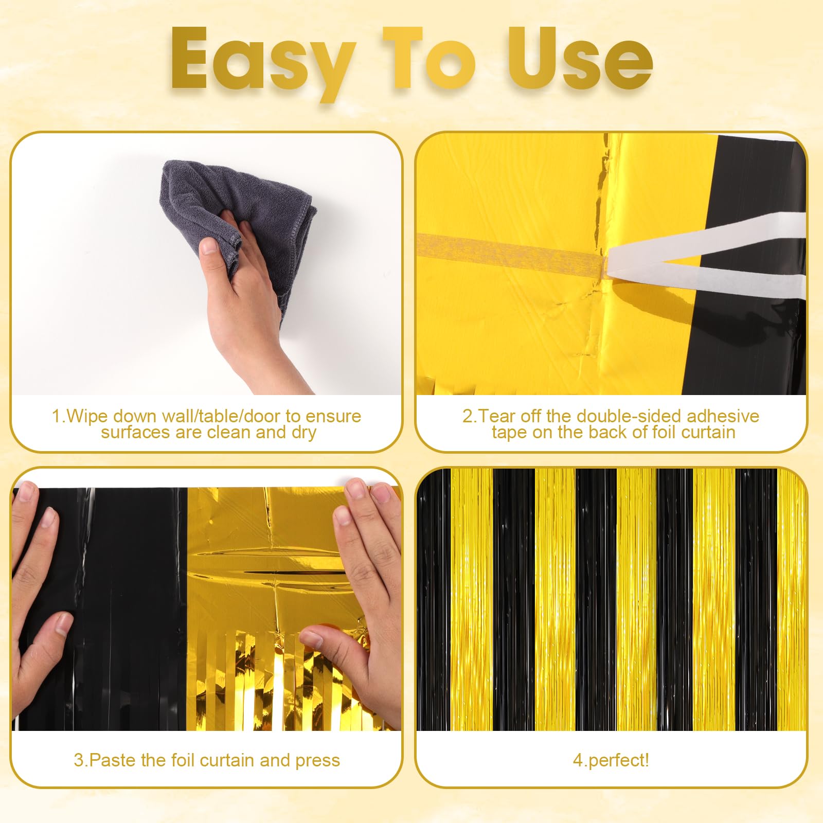 Voircoloria 2 Pack Black And Gold Tinsel Foil Fringe Curtains, Black And Gold Party Decorations, Metallic Tinsel Party Streamers