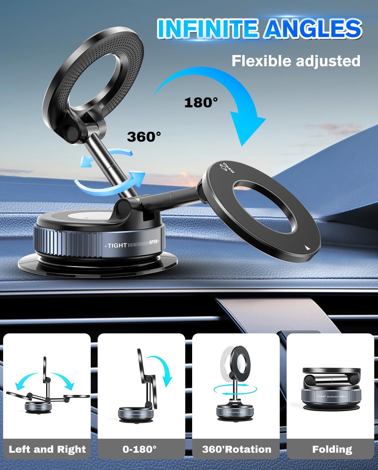 Soamoeu Vacuum Suction Magnetic Phone Holder, 2025 Upgraded Magnetic Car Phone Mount For Magsafe, 360Adjustable Foldable Portabl