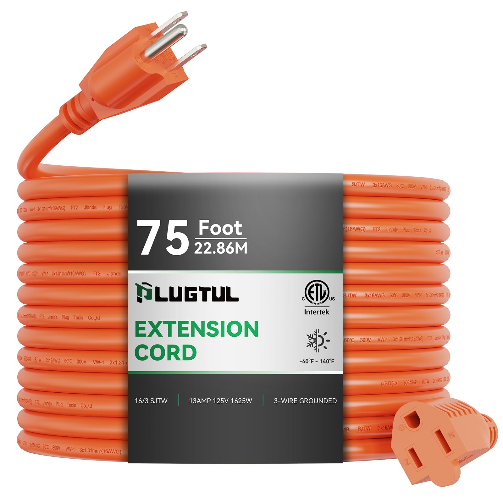 Outdoor Extension Cord 75 Ft Waterproof, 16/3 Gauge Heavy Duty 3 Prong Extension Cord, 13A 1625W Sjtw, Etl Listed, Great For Gar