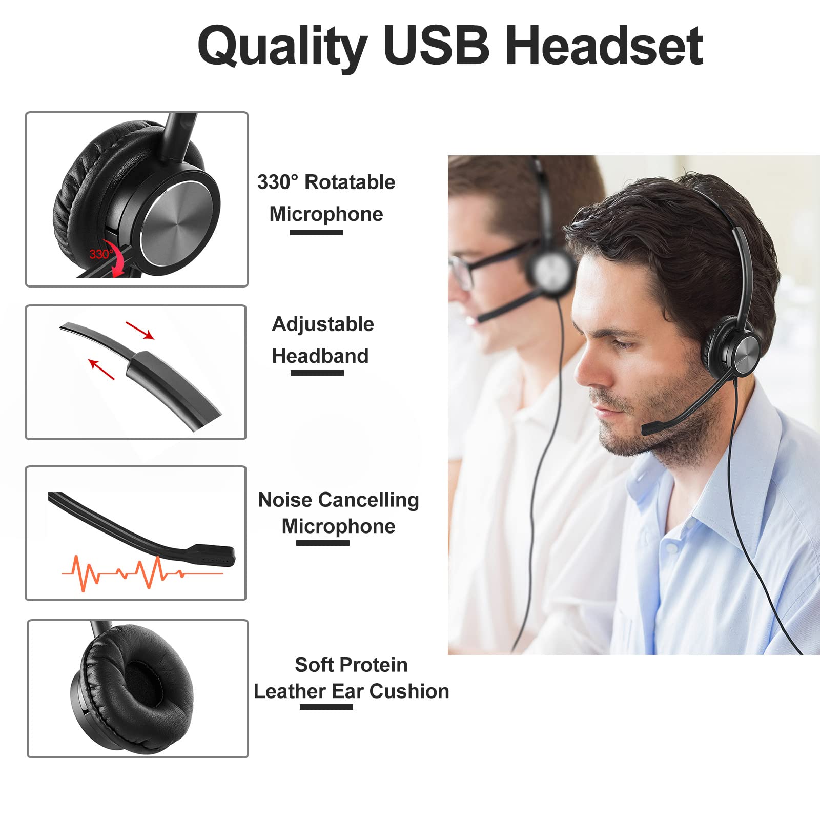 Wired Usb Headphones With Microphone For Laptop, Call Center Headset Usb A For Office, Noise Cancelling Headset For Dragon Dicta
