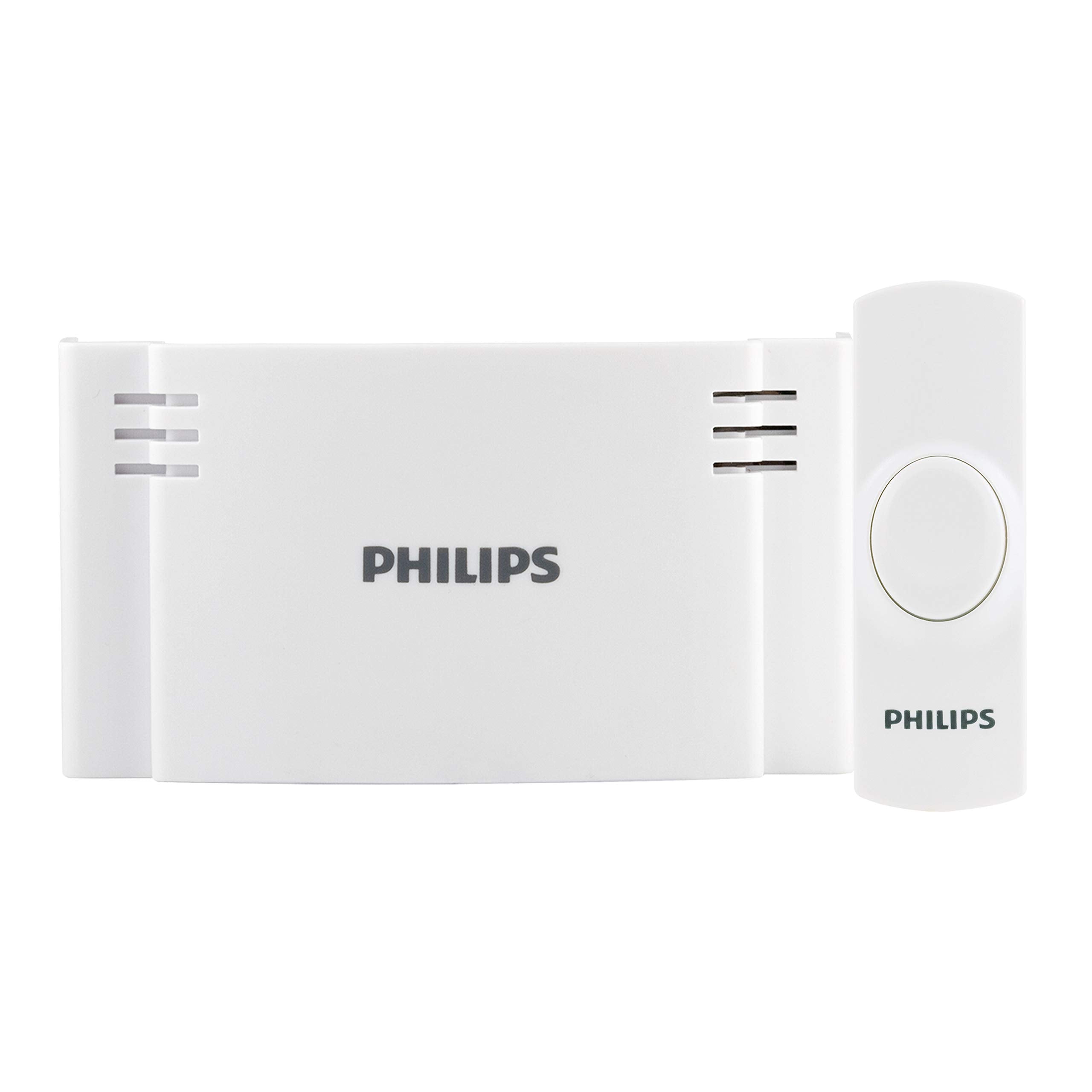 Philips Wireless Doorbell Kit, Battery Operated Reciever, 1 Push Button, 2 Melodies, 4 Volume Levels, 150 Ft Range, White, Des11