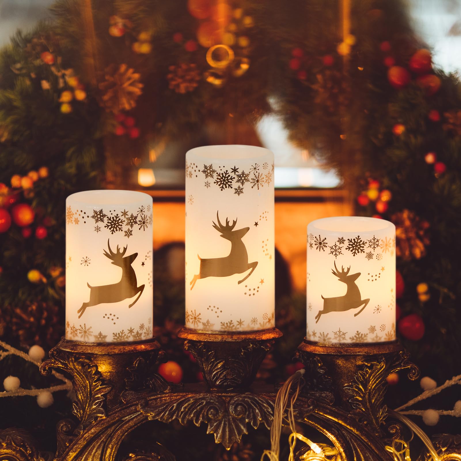 Dromance Gold Deer Flameless Flickering Candles Battery Operated With 6H Timer, 3 Pack Real Wax Warm Light Led Pillar Candles Di