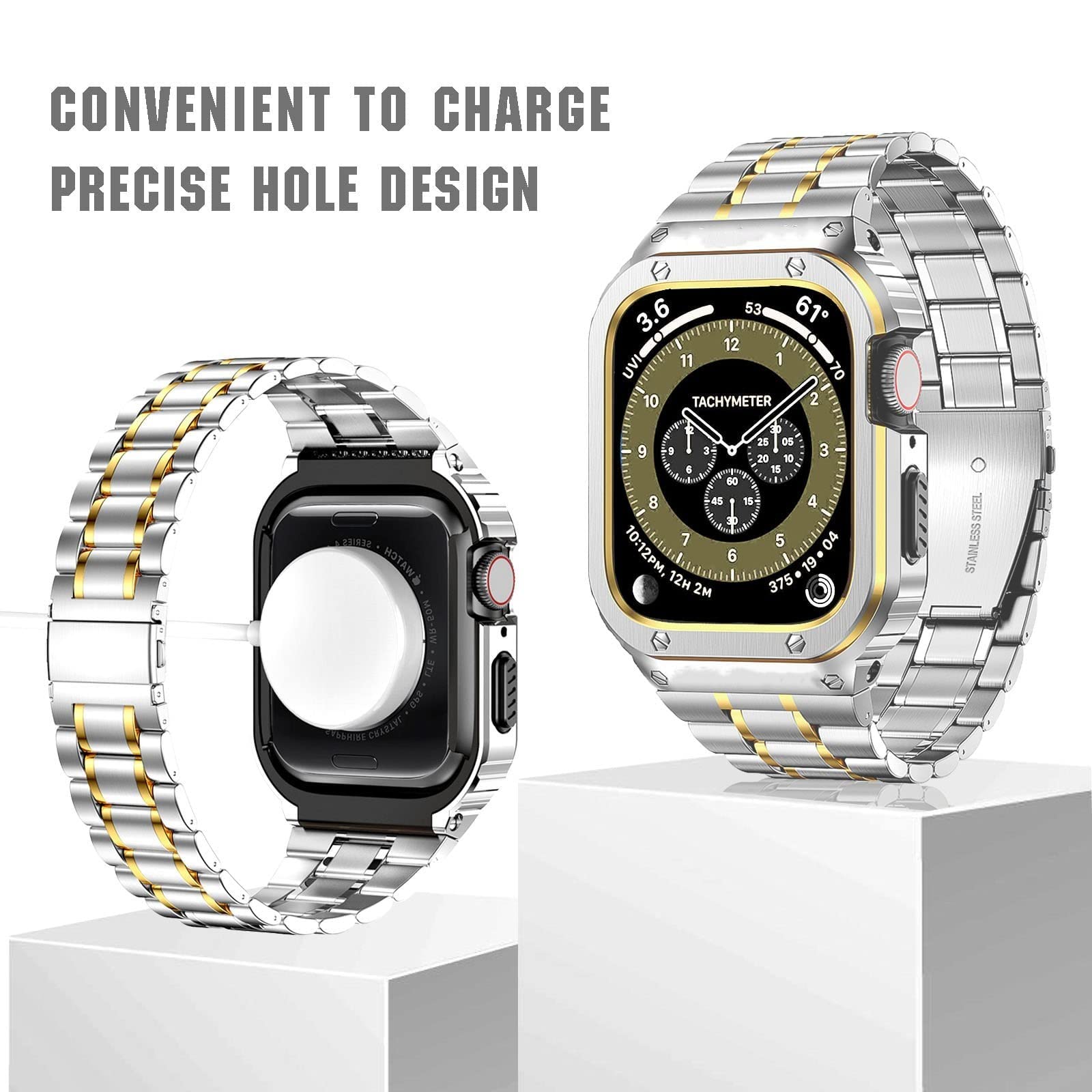 Miohhr Stainless Steel Watch Band With Case Compatible With Apple Watch Series 9/8/7(45Mm),Rugged Strap With Metal Protective Bu