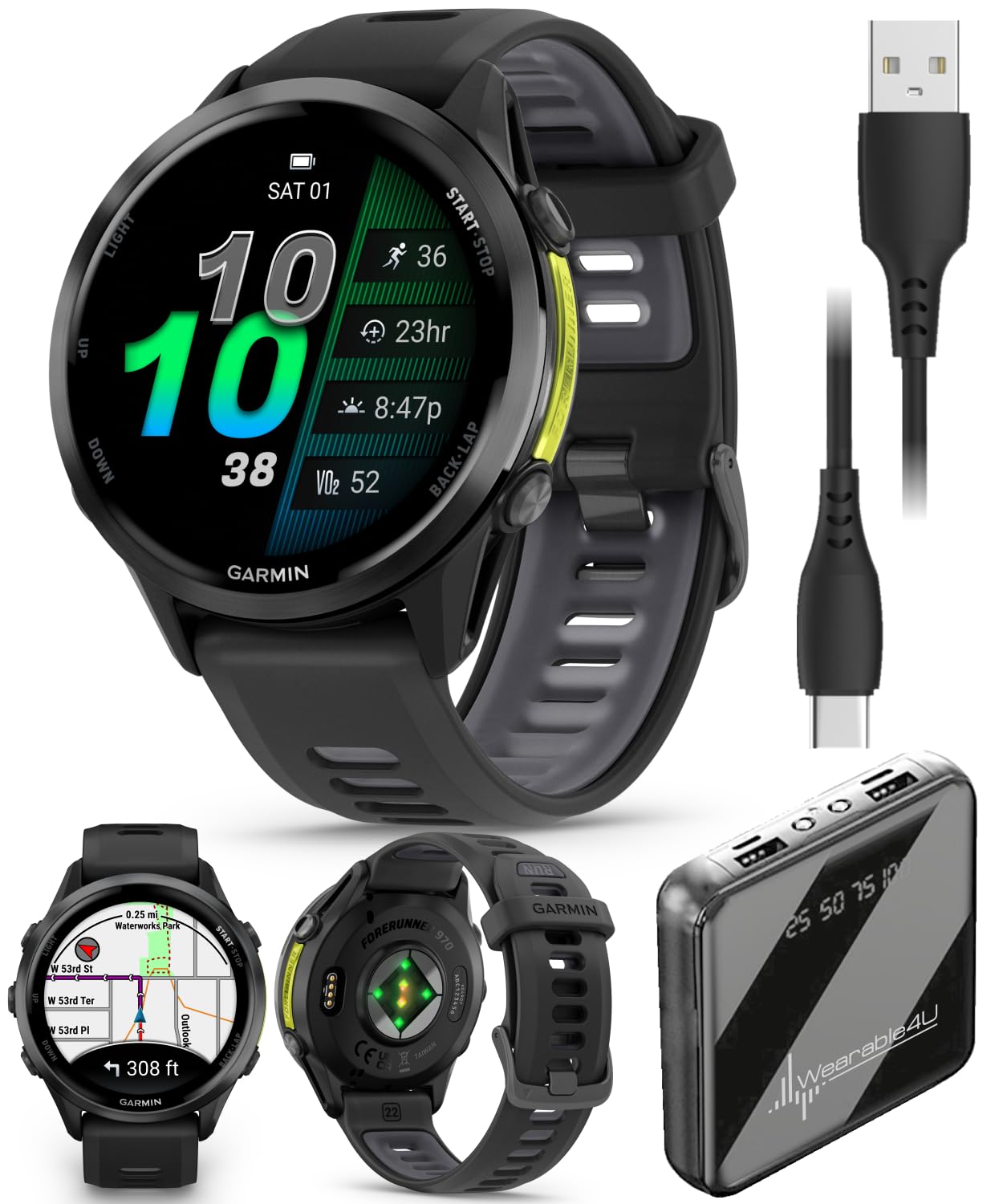 Wearable4U Garmin Forerunner 970 Carbon Gray DLC Titanium Smartwatch with Black Case and Black/Translucent Whitestone Band, AMOL