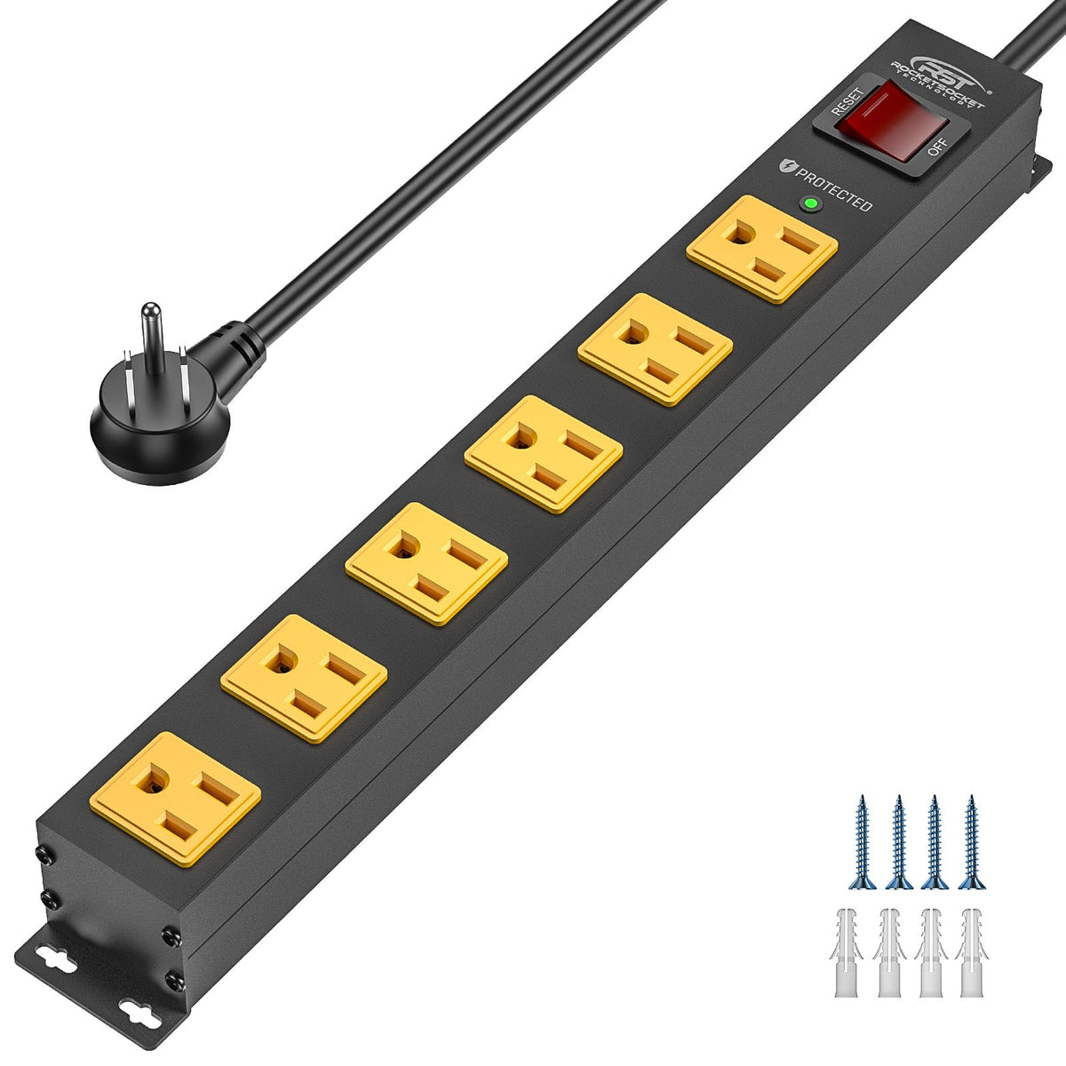 Crst 6 Outlet Surge Protector Power Strip 2100J With Switch, 15A/1875W Metal Heavy Duty Power Strip, Wide Spaced Wall Mount Powe