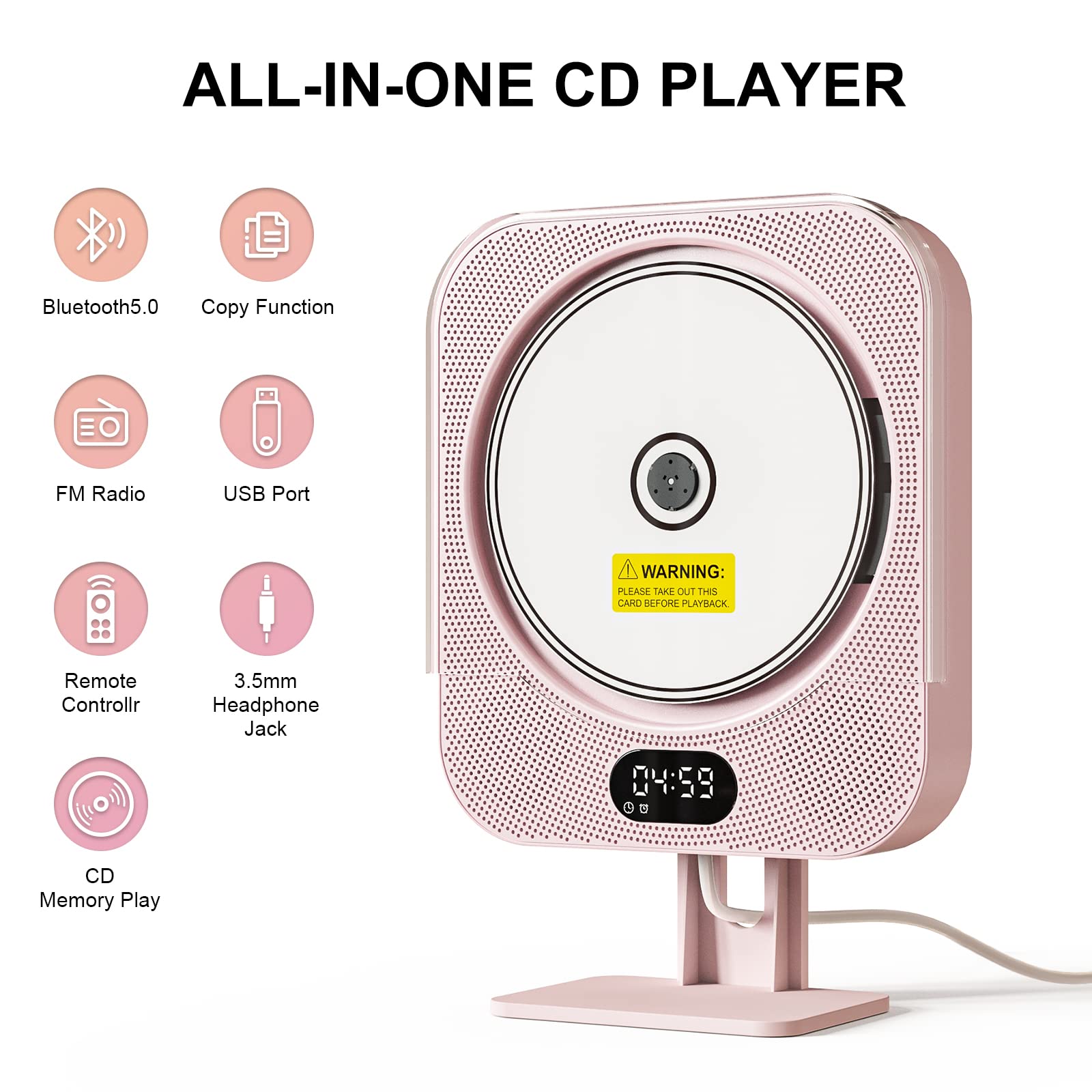 Kpop Pink Cd Player Desktop/Wall,Wired Vertical Cute Cd Players For Home, Bluetooth Speakers/Fm Radio With Ir Remote Control,Cd