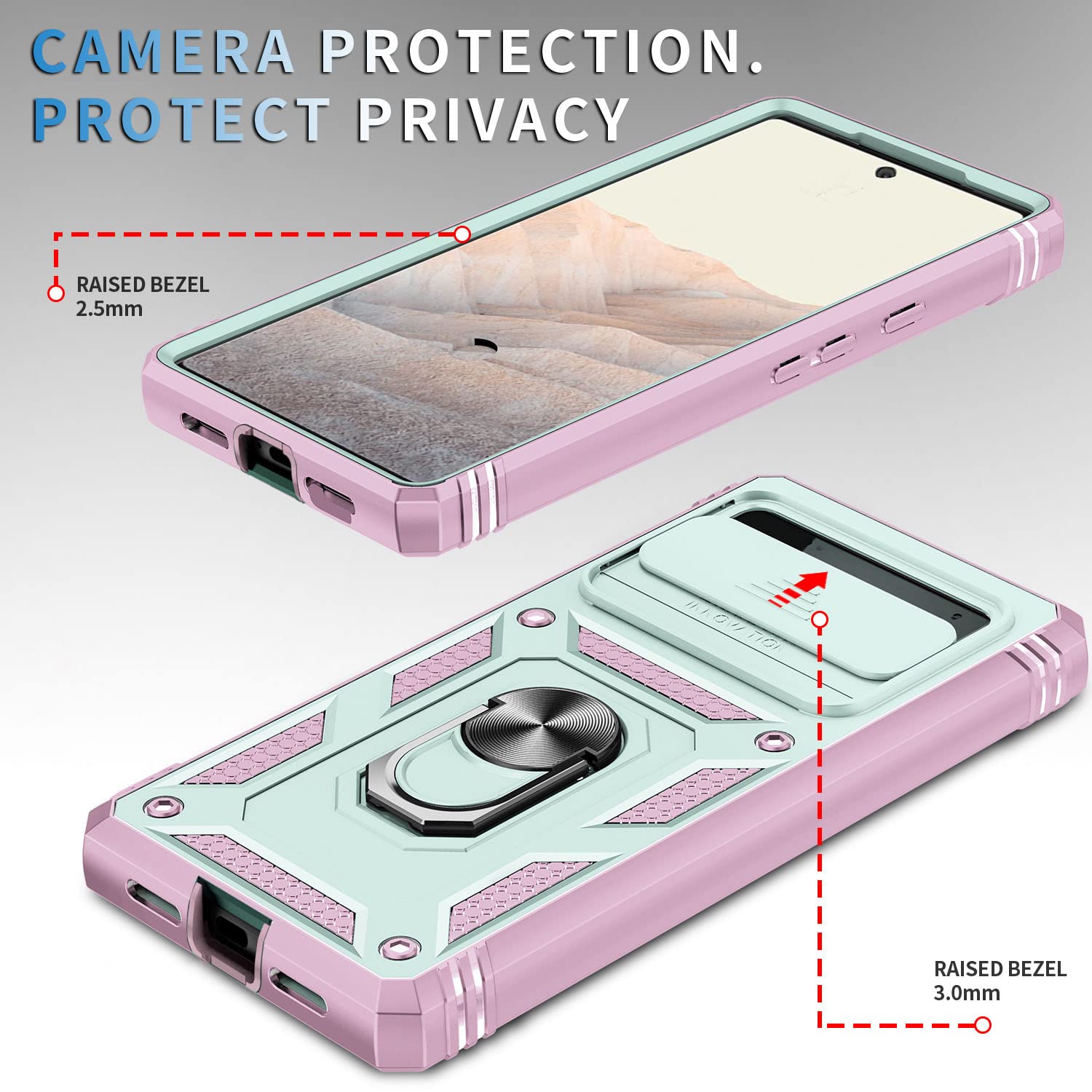 Fetrim Case For Google Pixel 6, Camera Cover Phone Case With Rotation Ring Stand For Google Pixel 6   Green Pink