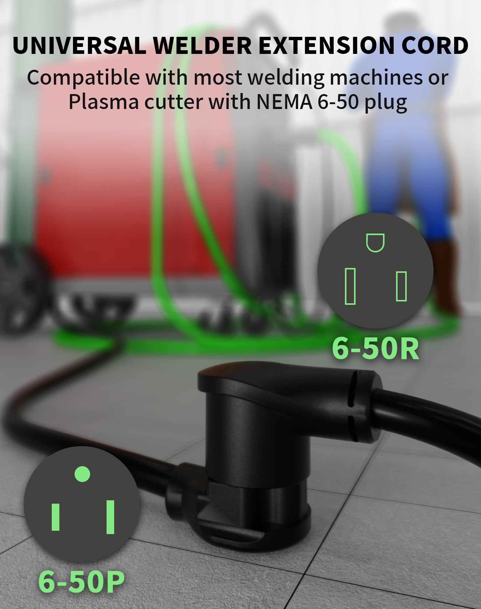 Powgrn 30 Amp 50Ft Welder Extension Cord Outdoor 10 Gauge, 250V Nema 6 50 Heavy Duty Welding Cord 3 Prong, 10Awg Sjtw Black, Etl