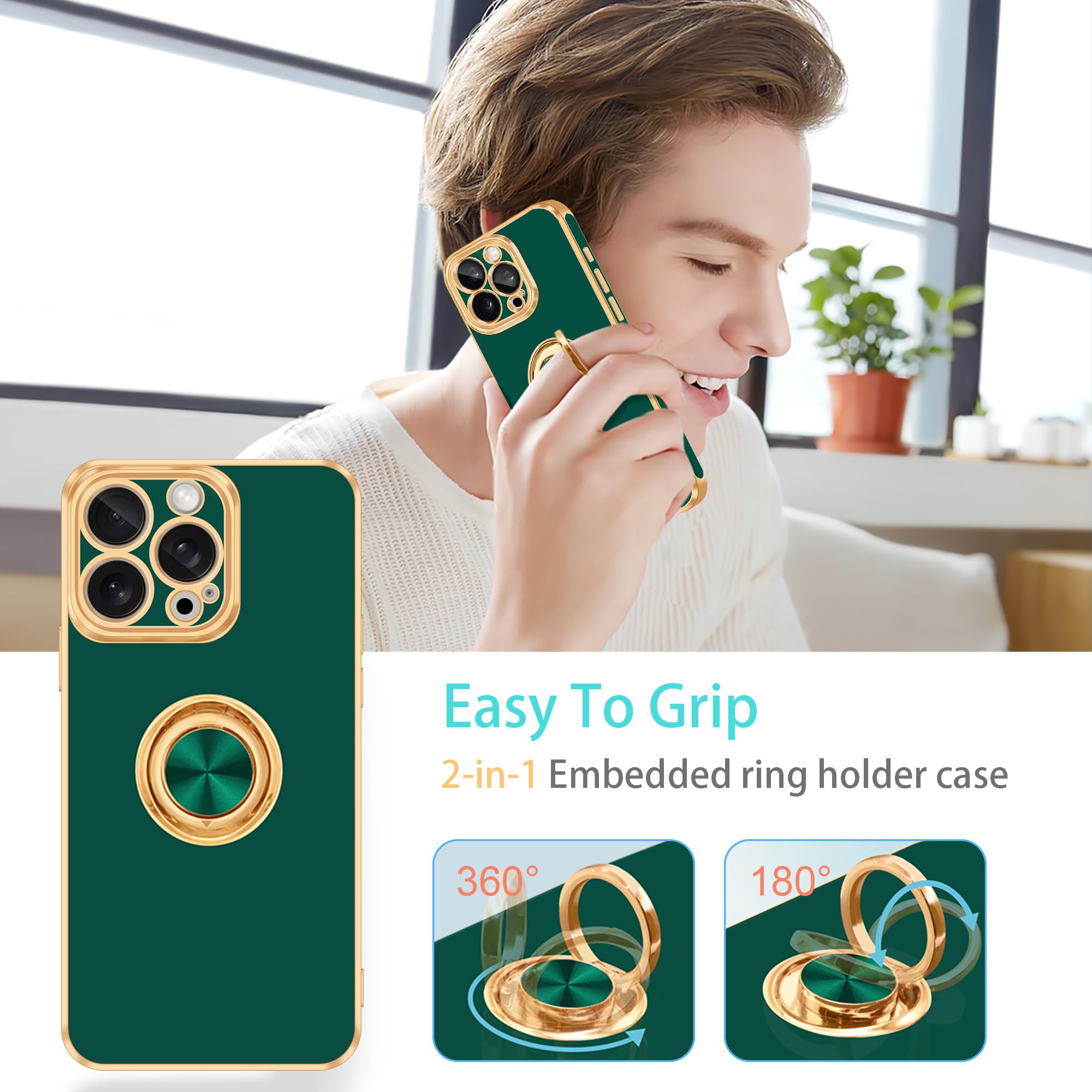 Fingic For Iphone 15 Pro Case[With 360 Ring Holder Stand][Support Magnetic Car Mount ]Kickstand Phone Case For Women Girls Boys