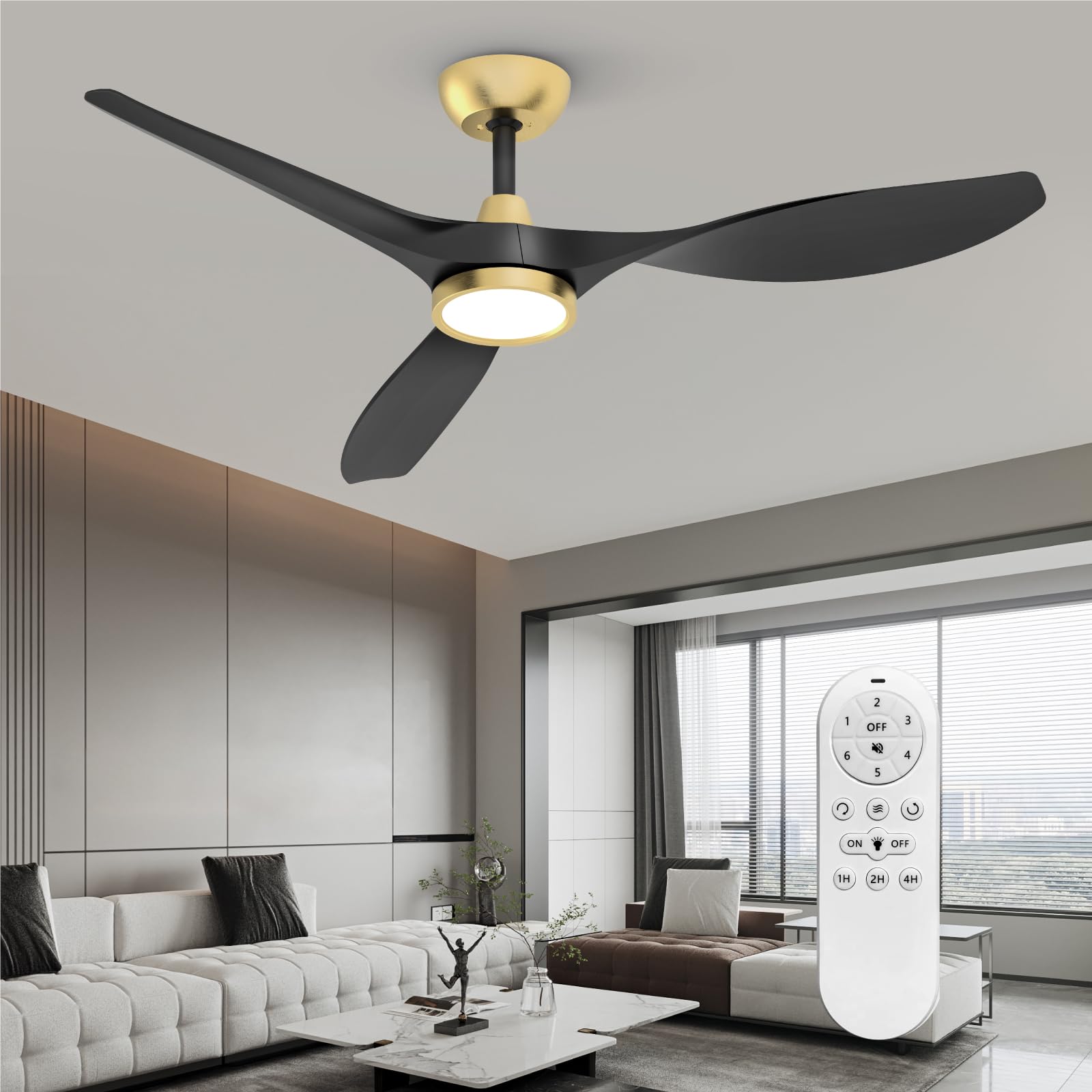 Roomratv Ceiling Fans with Lights and Remote, Ceiling Fan 52 Inch Black Gold Color Quiet DC Motor 3 CCT Memory Modern Large Airf