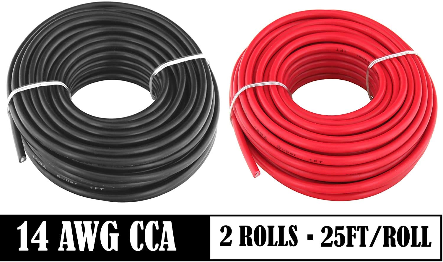 Gs Power 14 Awg (True American Wire Gauge) Cca Copper Clad Aluminum Primary Wire 25 Ft Red & 25 Ft Black. For Car Audio Speaker