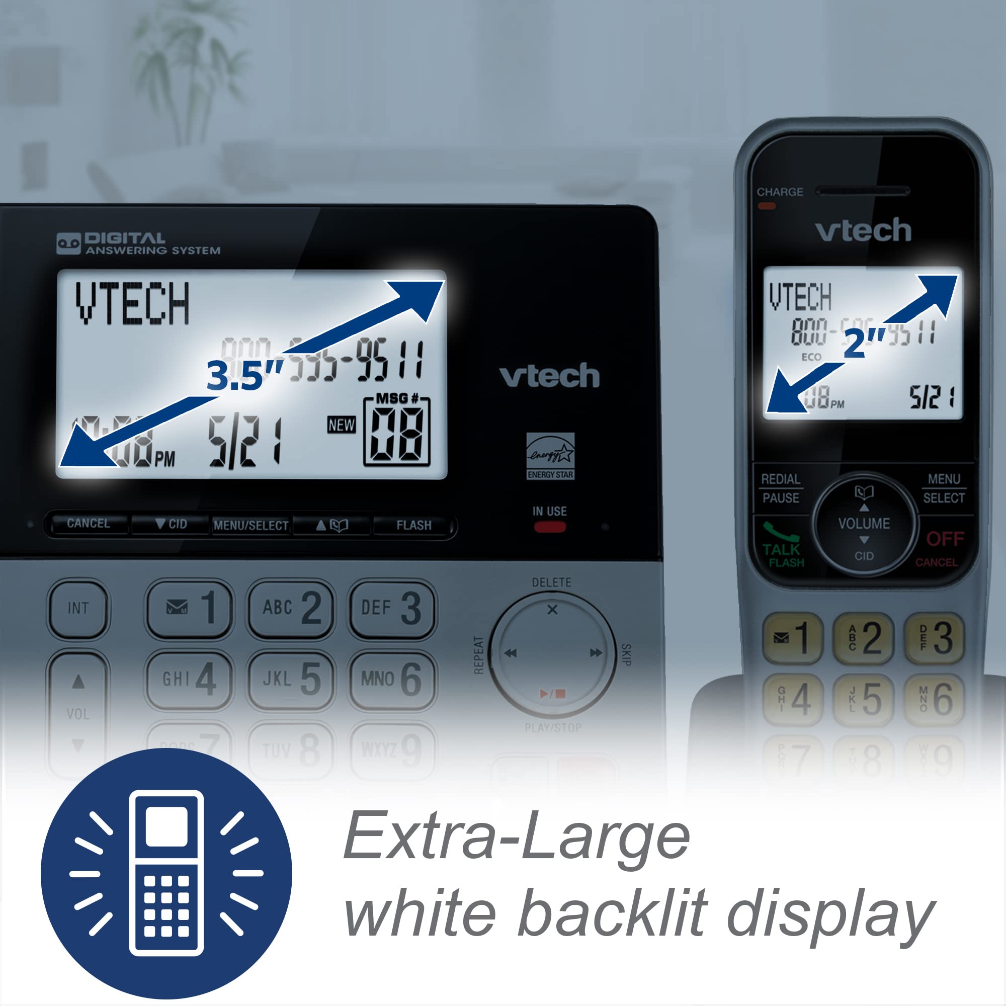 Vtech Vg208-2 Dect 6.0 2-Handsets Corded/Cordless Phone For Home With Answering Machine, Call Blocking, Caller Id, Large Backlit