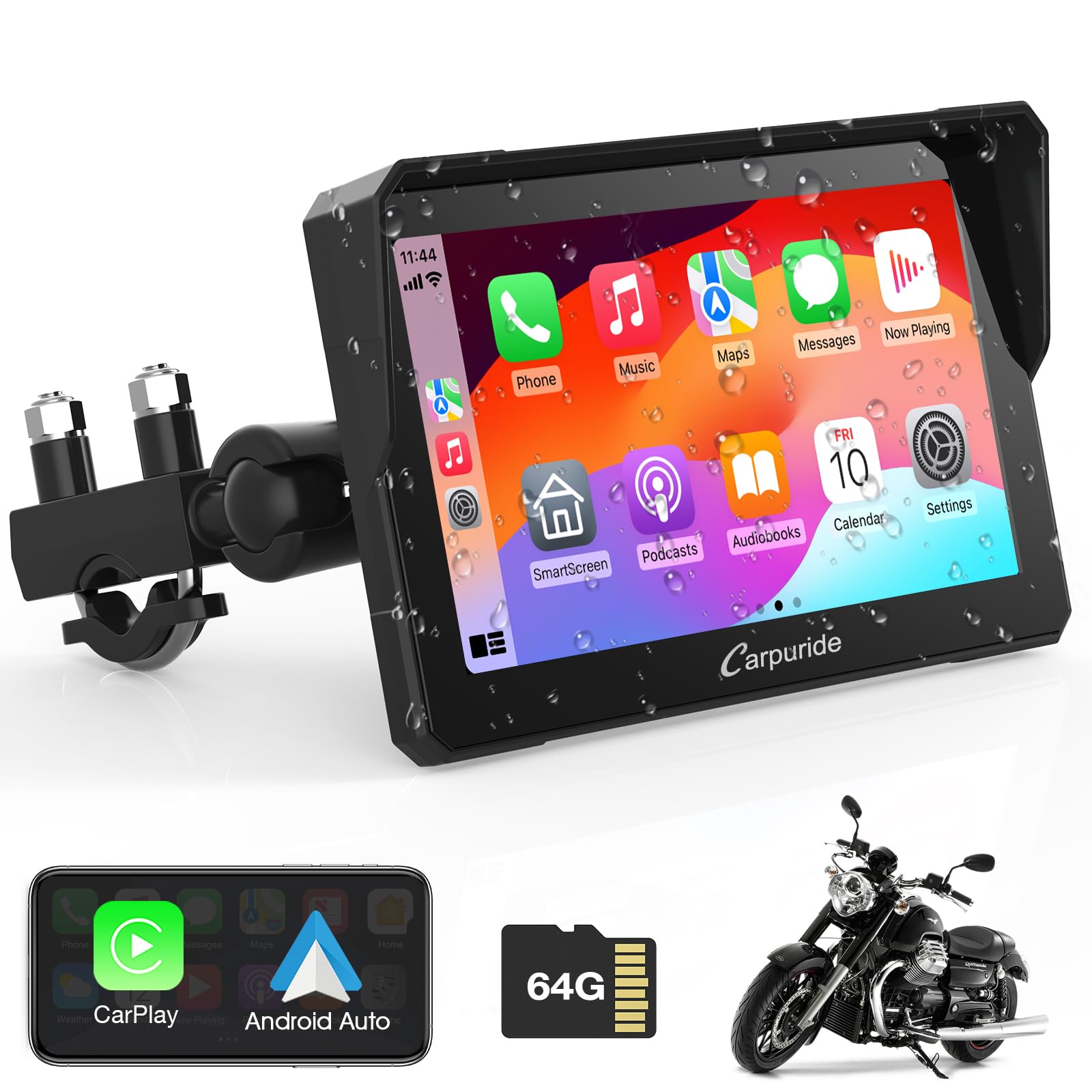 Carpuride W702 For Motorcycle, 7 Inch Waterproof Touchscreen, Portable Carplay/Android Auto Gps Navigation For Motorbike, Support Dual Bluetooth, Car Gps, Siri, G00Gle Assistant, Tf 64G