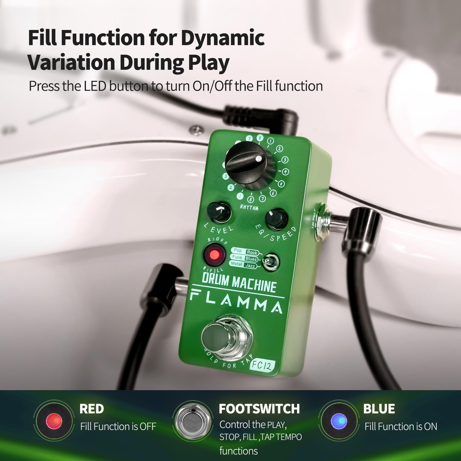 Flamma Fc12 Drum Machine Guitar Pedal Drum Pedal With Real Time Fill Function, Guitar Effect Pedal With 48 Drum Grooves 6 Music