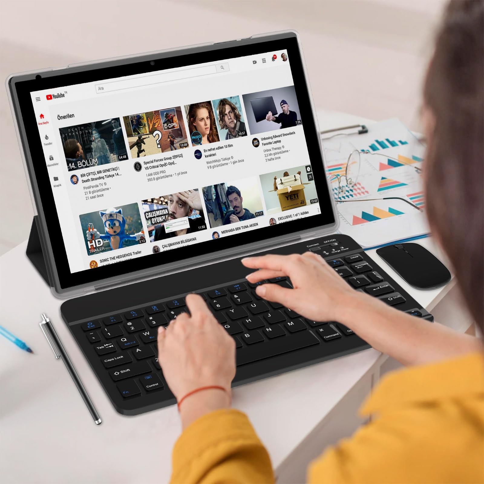 Tablet 2 In 1 Tablets 10 Inch Android 14 Tablet Set With Keyboard Case Mouse Stylus 8Gb+64Gb/1Tb Expansion Tablets 10.1  Touch S