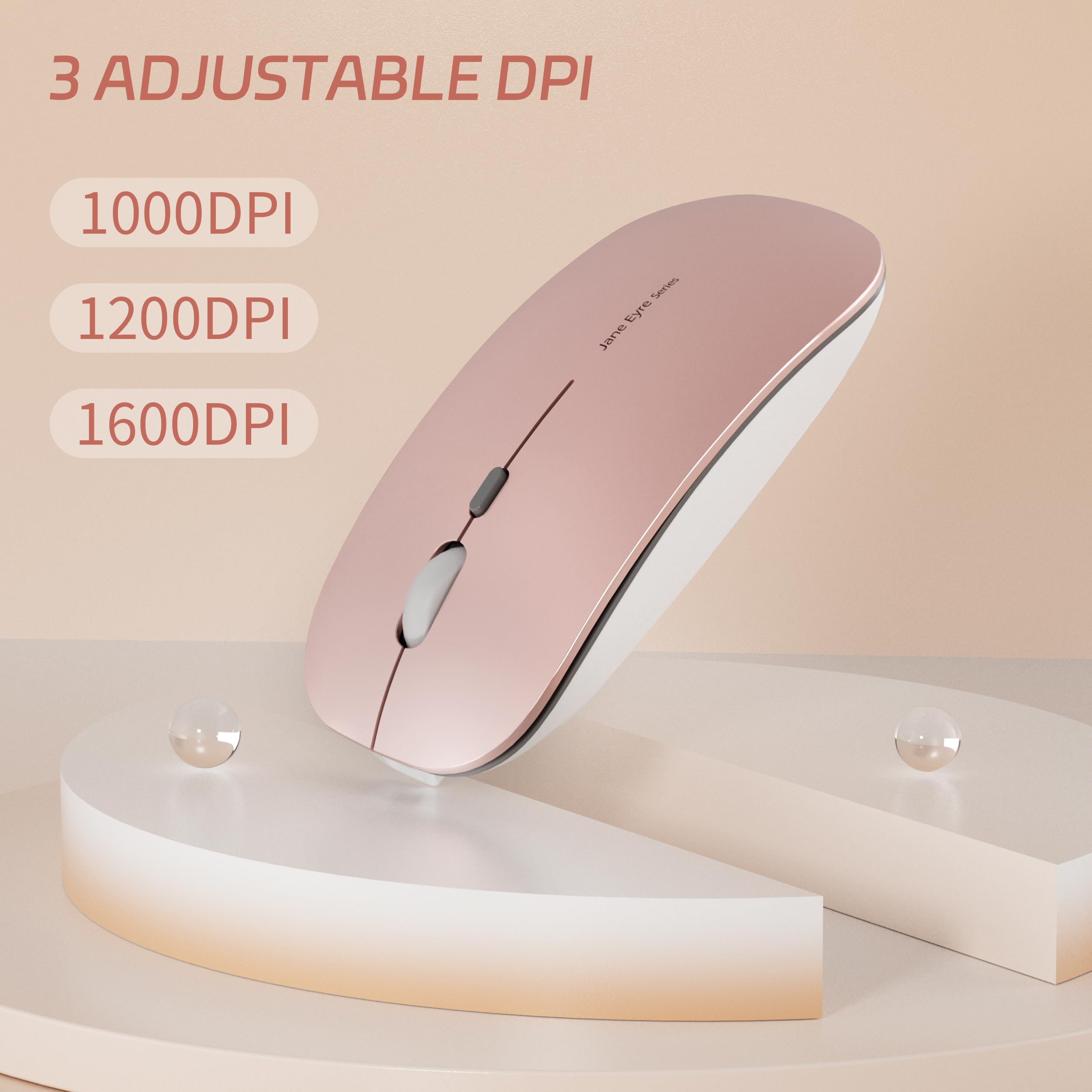Uciefy Q5 Slim Wireless Mouse - Rechargeable, Silent, Portable, USB & Type C Adapter, Rose Gold