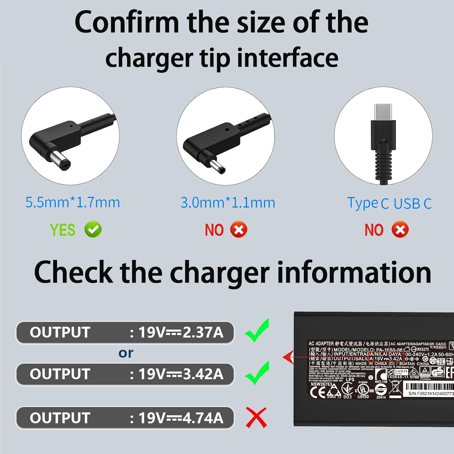 N19C3 N19C1 N16Q2 N17Q4 N15W5 N15W4 N20Q1 65W E5 Es1 E15 Charger Fit For Acer Aspire A515 43 R19L E5 575 33Bm A315 21 A515 51 E5