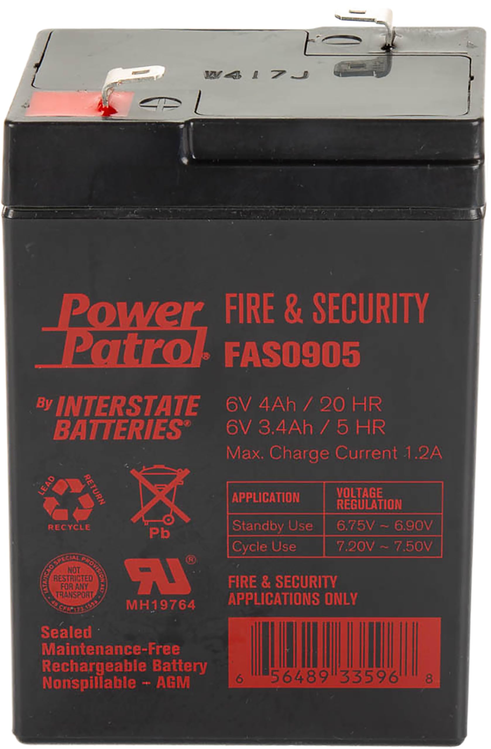 Interstate Batteries 6V 4Ah Fire & Security Battery (F1 Terminal) Sla Agm Vrla Power Patrol Rechargeable Replacement For Fire Al