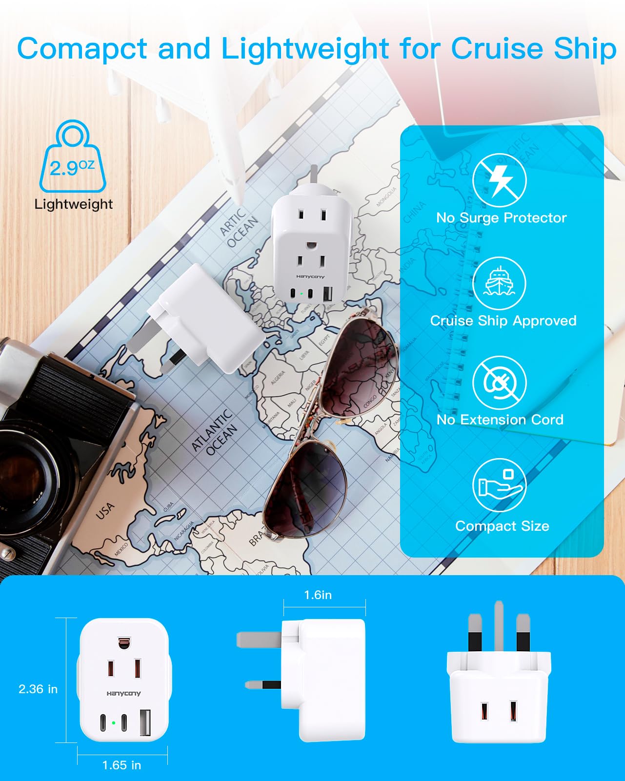 Us To Uk Ireland Travel Plug Adapter, Type G Travel Adapter With 2 Outlets 3 Usb Ports(2Usb C), Uk Power Adapter Converter For U
