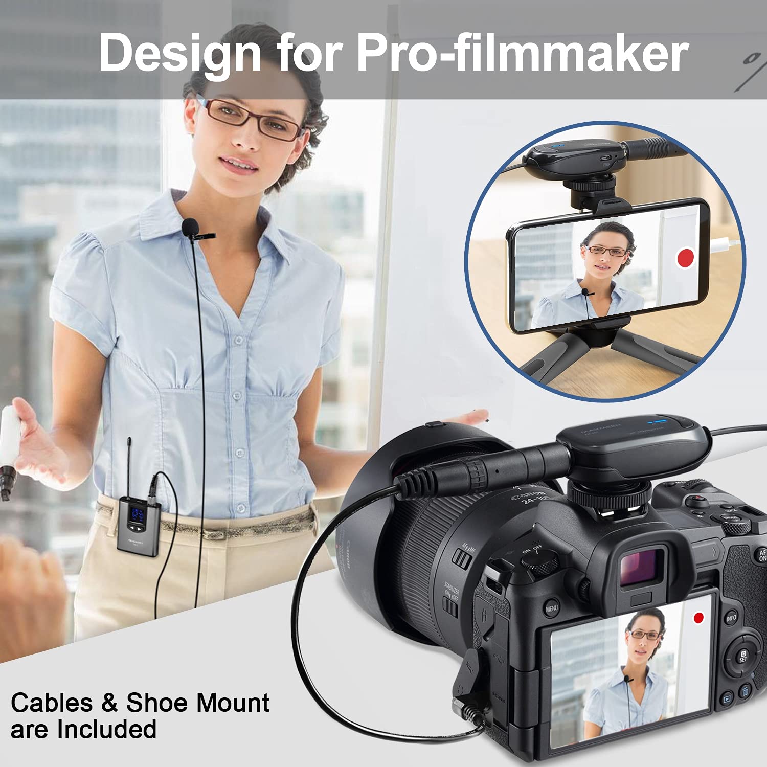 Alvoxcon Uhf Dual Channel Wireless Lavalier Microphone System With Volume Control For Iphone, Dslr, Pa Speaker, Youtube, Podcast