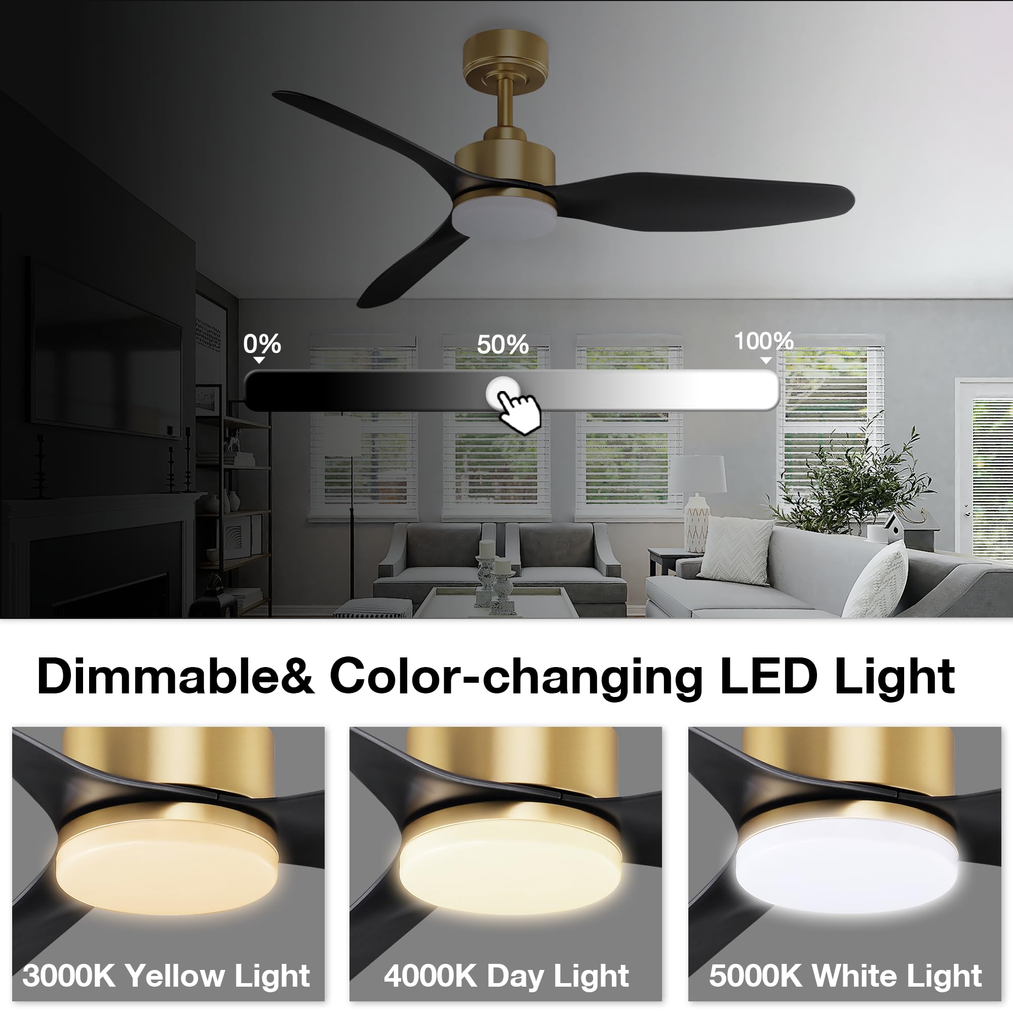 Hoenofly 48 Inch Smart Ceiling Fans With Led Lights Remote,Quiet Dc Motor,Dimmable,Outdoor Indoor Gold Black Ceiling Fan Control